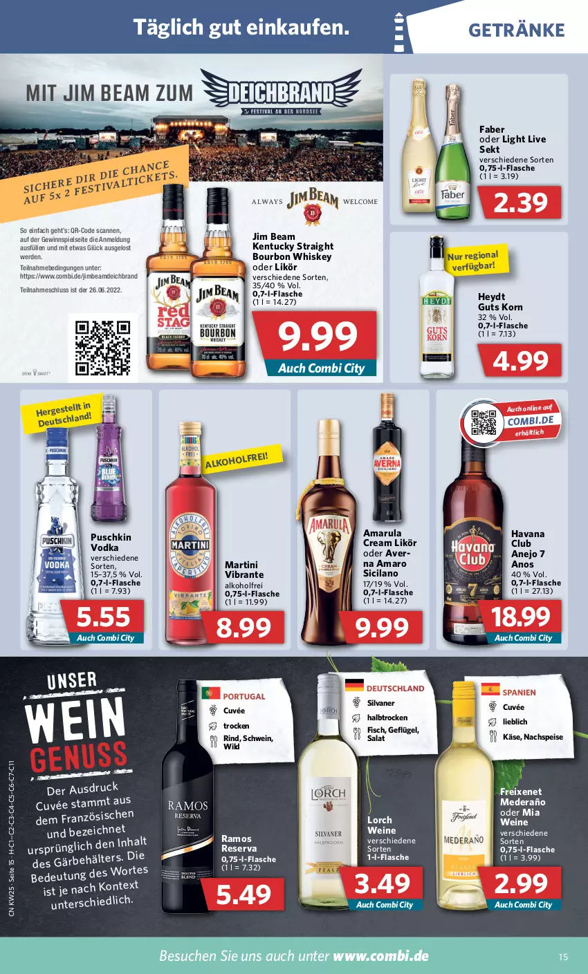 Aktueller Prospekt Combi - Prospekte - von 20.06 bis 25.06.2022 - strona 15 - produkty: alkohol, amaro, amarula, averna, bourbon, bourbon whiskey, cuvée, eis, erde, fisch, flasche, freixenet, Geflügel, getränk, getränke, gewinnspiel, Havana Club, jim beam, Käse, kentucky straight, korn, likör, martini, puschkin vodka, rind, salat, schwein, sekt, silvaner, Ti, tuc, vodka, wein, weine, whiskey, Wild