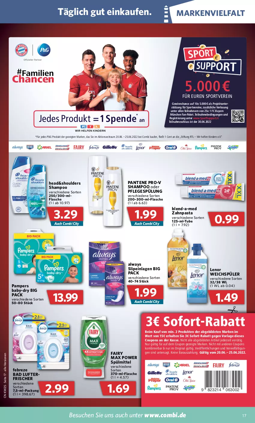 Aktueller Prospekt Combi - Prospekte - von 20.06 bis 25.06.2022 - strona 17 - produkty: Alwa, Always, baby-dry, Bad, blend-a-med, coupon, coupons, fairy, febreze, flasche, gin, Kinder, lenor, lenor weichspüler, lufterfrischer, pampers, pantene, pantene pro-v, pasta, Pflegespülung, pro-v, shampoo, slip, slipeinlagen, sofort-rabatt, Sport, spülmittel, spülung, Ti, weichspüler, zahnpasta