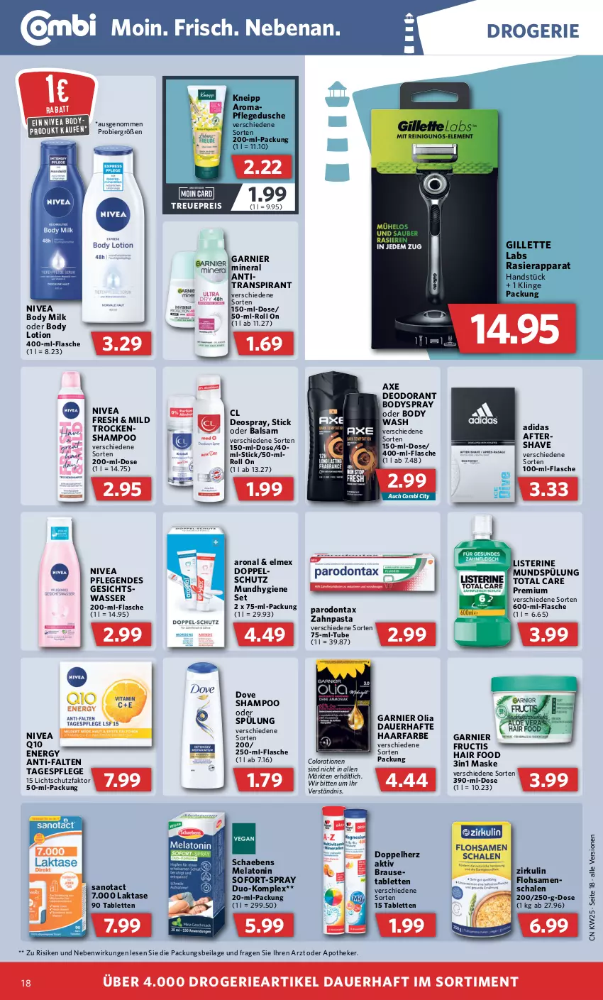 Aktueller Prospekt Combi - Prospekte - von 20.06 bis 25.06.2022 - strona 18 - produkty: Adidas, Antitranspirant, Apotheke, auer, axe, balsam, bier, body, body lotion, body milk, bodyspray, brause, Colorationen, deo, deodorant, deospray, doppelherz, dove, dusche, eis, elmex, flasche, Flohsamenschalen, fructis, garnier, Gesichtswasser, gillette, ilag, kneipp, listerine, Lotion, Maske, Mundhygiene, mundspülung, nivea, Parodontax, pasta, pflegedusche, Q10, rasierapparat, reis, Schaebens, Schal, Schale, shampoo, shampoo oder spülung, spülung, tablet, tablett, Tablette, Tagespflege, Ti, total care, wasser, zahnpasta