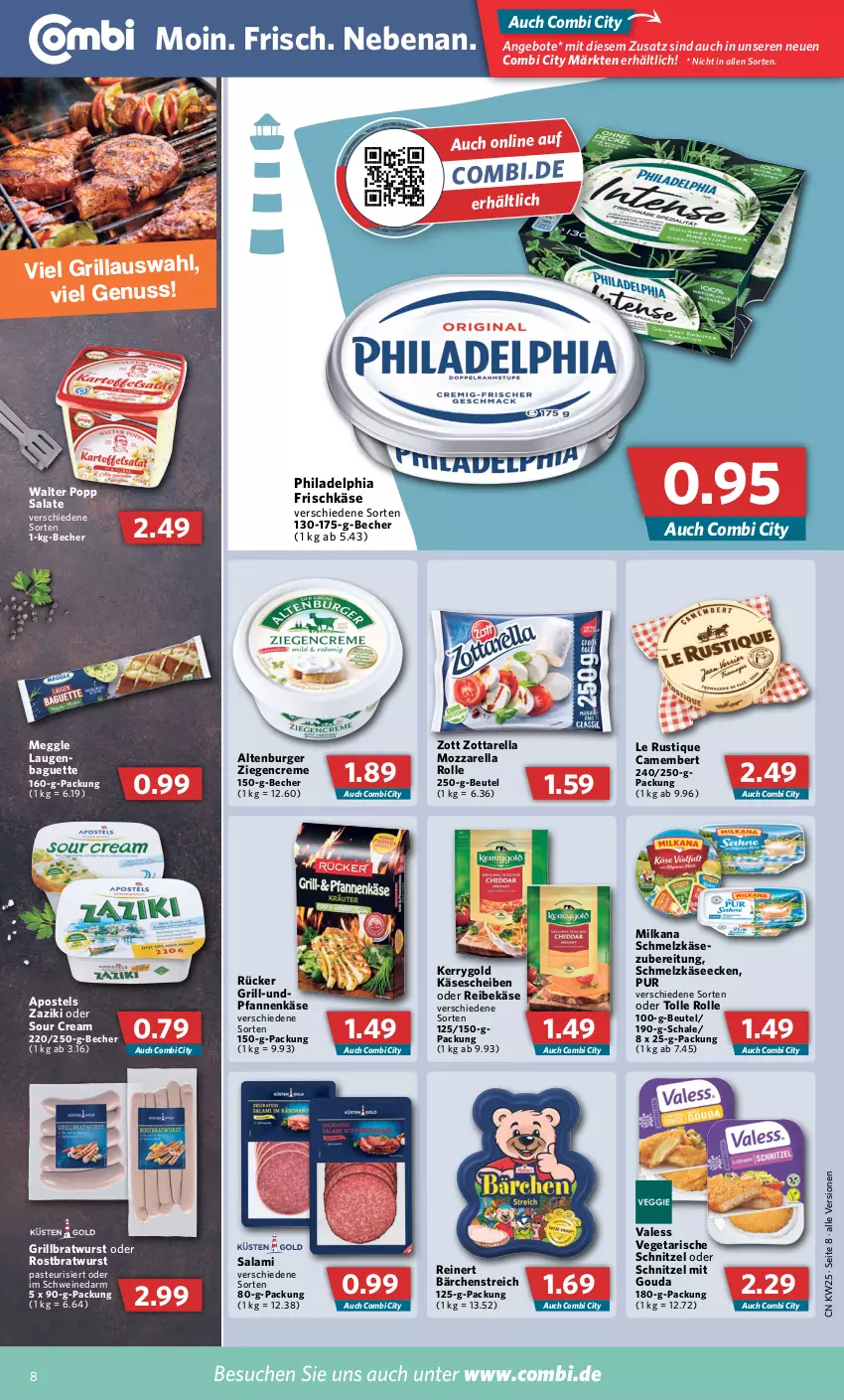 Aktueller Prospekt Combi - Prospekte - von 20.06 bis 25.06.2022 - strona 8 - produkty: altenburger, angebot, angebote, apostels, baguette, Becher, beutel, bratwurst, burger, camembert, creme, frischkäse, gouda, grill, grillbratwurst, Käse, käsescheiben, kerrygold, Le Rustique, meggle, milka, milkana, mit gouda, mozzarella, mozzarella rolle, pfanne, pfannen, pfannenkäse, philadelphia, Popp, Reibekäse, reinert, rel, rostbratwurst, salami, salat, salate, Schal, Schale, Schmelzkäse, schnitzel, schwein, schweine, sour cream, Ti, Vegeta, wein, weine, wurst, zaziki, zott, zottarella