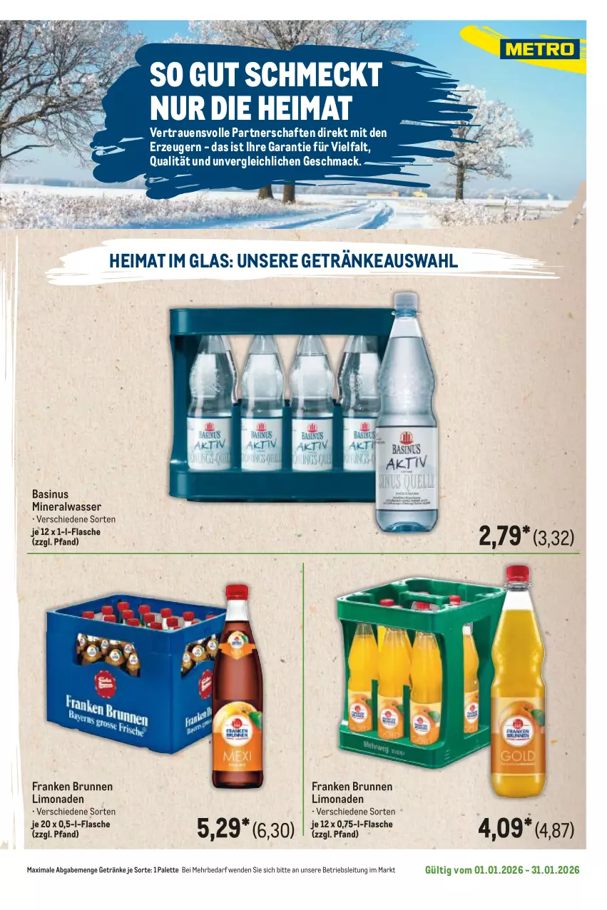 Aktueller Prospekt Metro - Regionaler Flyer - Seite 48 - von 01.01 bis 31.01.2026 - strona 109 - produkty: Alwa, brunnen, flasche, franken brunnen, getränk, getränke, limo, limonade, limonaden, mac, mineralwasser, Palette, Ti, wasser