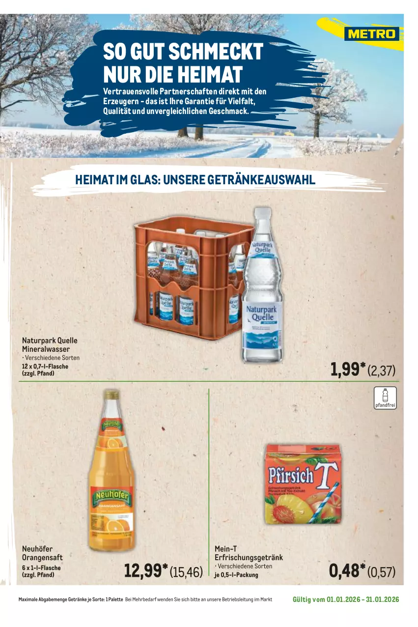Aktueller Prospekt Metro - Regionaler Flyer - Seite 48 - von 01.01 bis 31.01.2026 - strona 125 - produkty: Alwa, elle, erfrischungsgetränk, flasche, getränk, getränke, mac, mineralwasser, natur, Naturpark Quelle, orange, orangen, orangensaft, Palette, saft, Ti, wasser