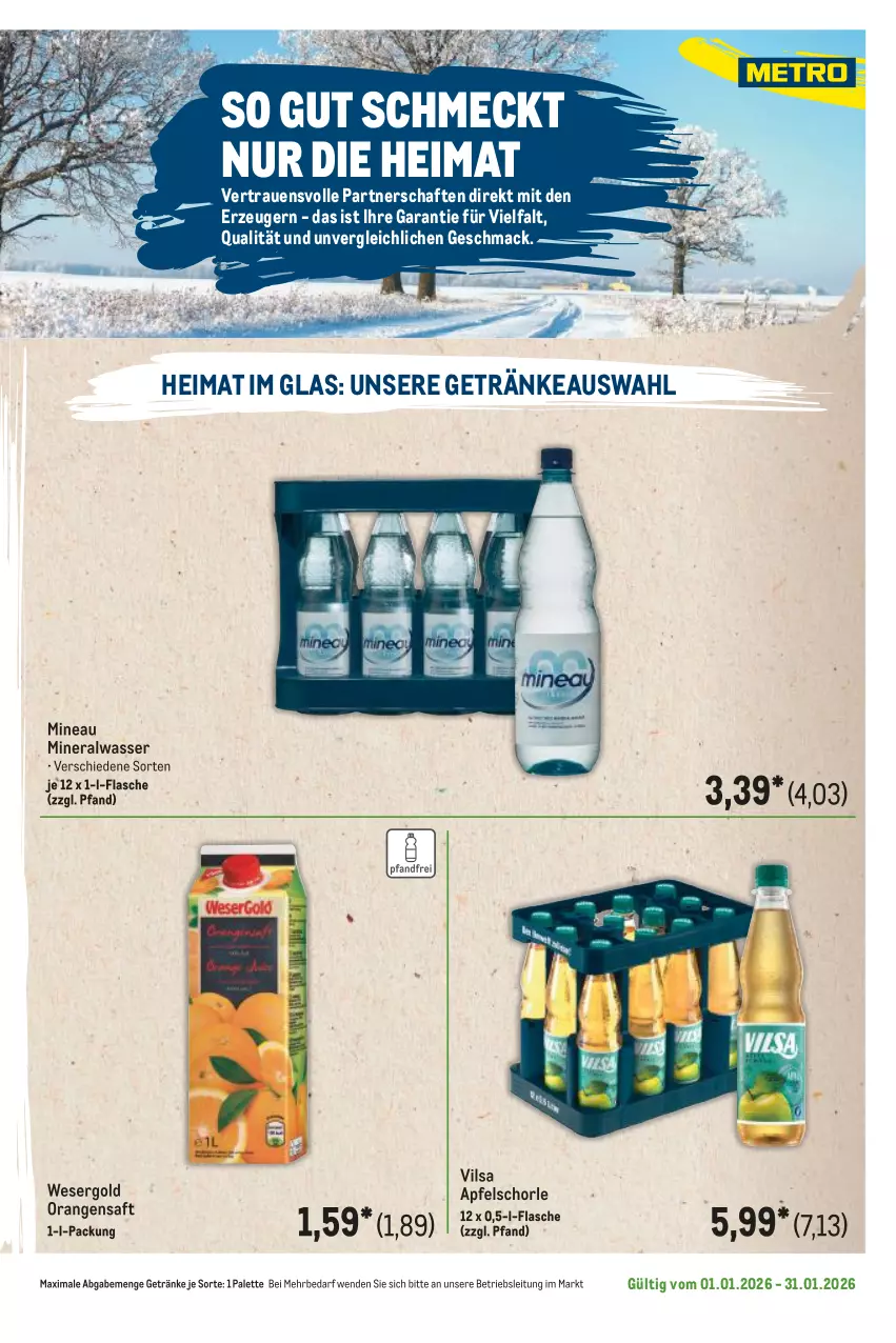 Aktueller Prospekt Metro - Regionaler Flyer - Seite 48 - von 01.01 bis 31.01.2026 - strona 13 - produkty: Alwa, apfel, Apfelschorle, flasche, getränk, getränke, mac, mineralwasser, orange, orangen, orangensaft, Palette, saft, schorle, Ti, vilsa, wasser