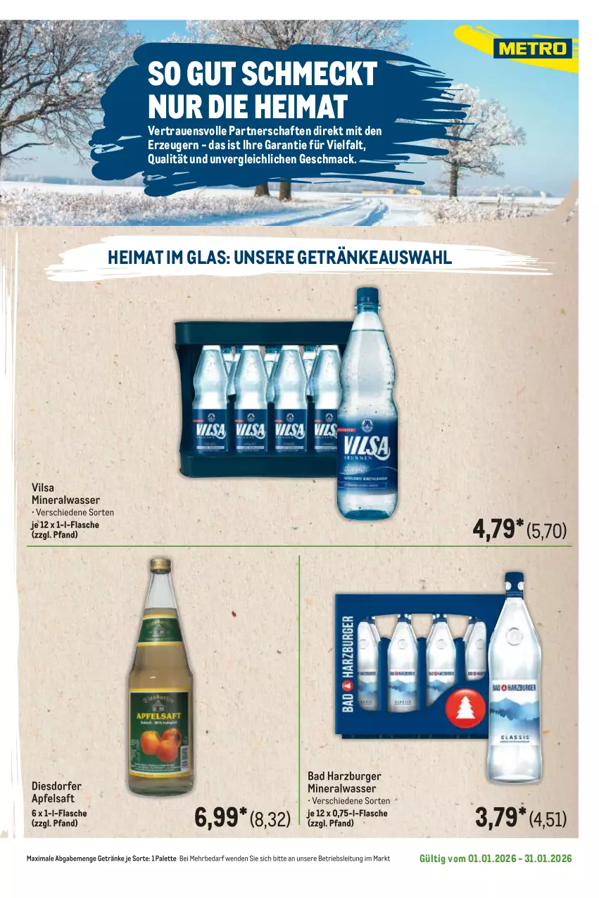 Aktueller Prospekt Metro - Regionaler Flyer - Seite 48 - von 01.01 bis 31.01.2026 - strona 15 - produkty: Alwa, apfel, apfelsaft, Bad, burger, flasche, getränk, getränke, mac, mineralwasser, Palette, saft, Ti, vilsa, wasser