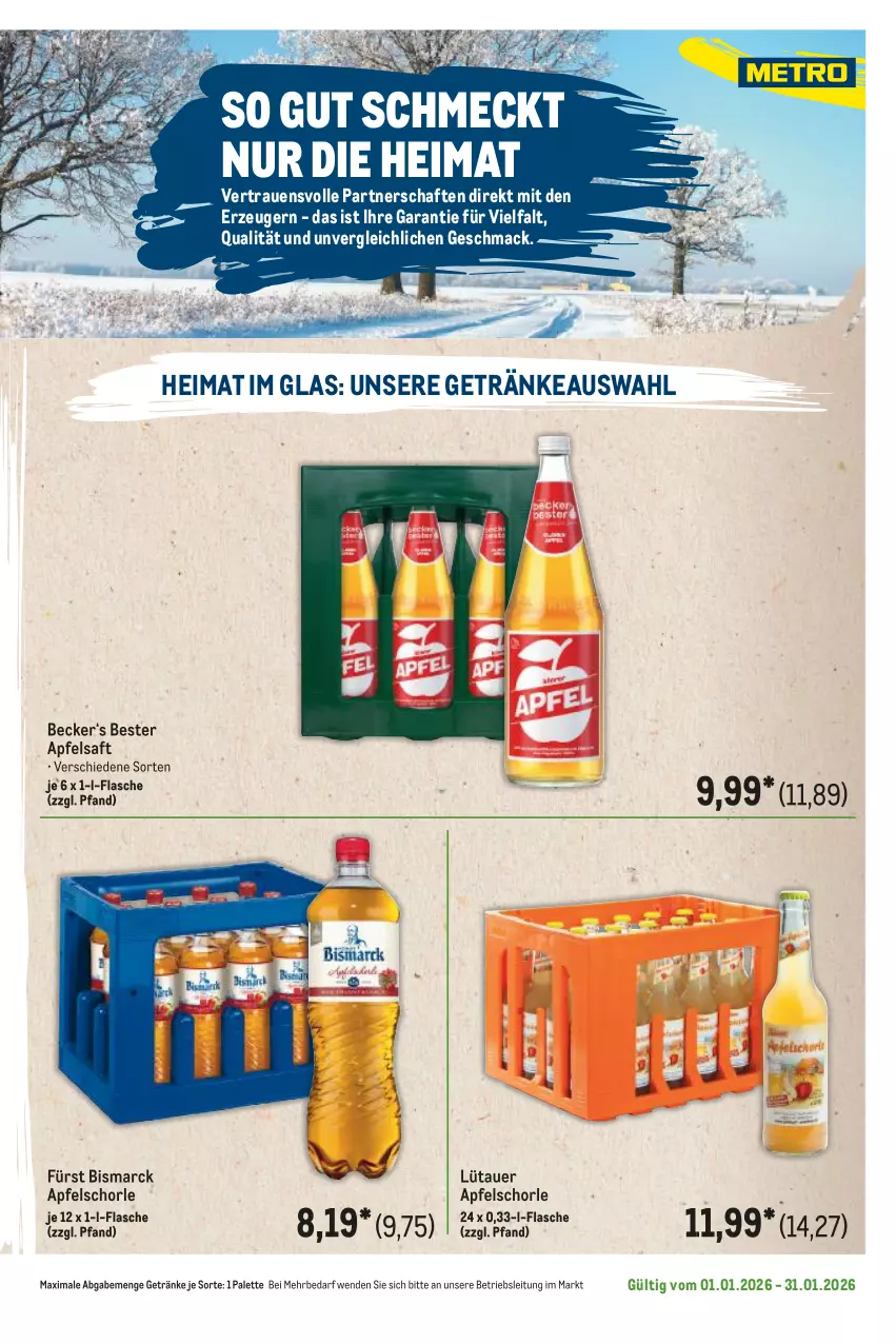 Aktueller Prospekt Metro - Regionaler Flyer - Seite 48 - von 01.01 bis 31.01.2026 - strona 27 - produkty: apfel, apfelsaft, Apfelschorle, auer, bismarck, flasche, getränk, getränke, mac, Palette, saft, schorle, Ti