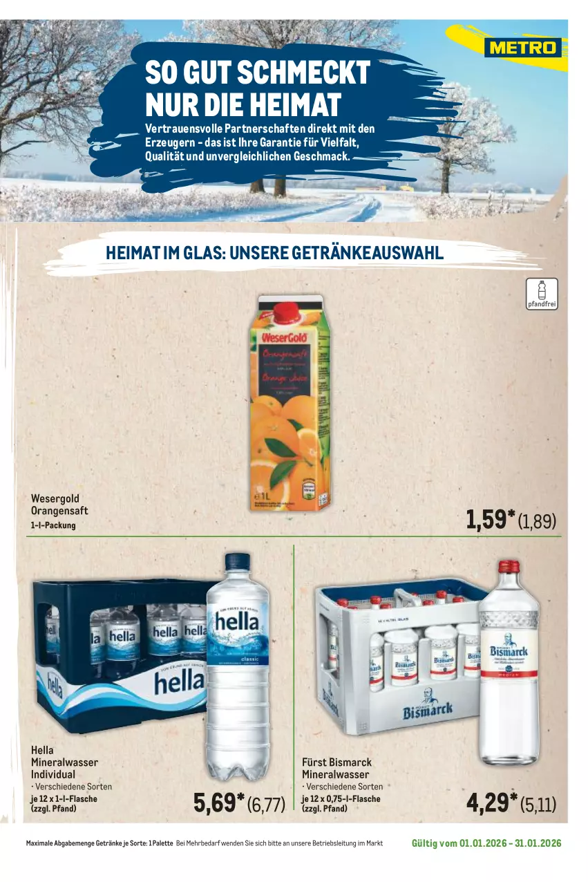 Aktueller Prospekt Metro - Regionaler Flyer - Seite 48 - von 01.01 bis 31.01.2026 - strona 31 - produkty: Alwa, bismarck, flasche, getränk, getränke, hella, mac, mineralwasser, orange, orangen, orangensaft, Palette, saft, Ti, wasser