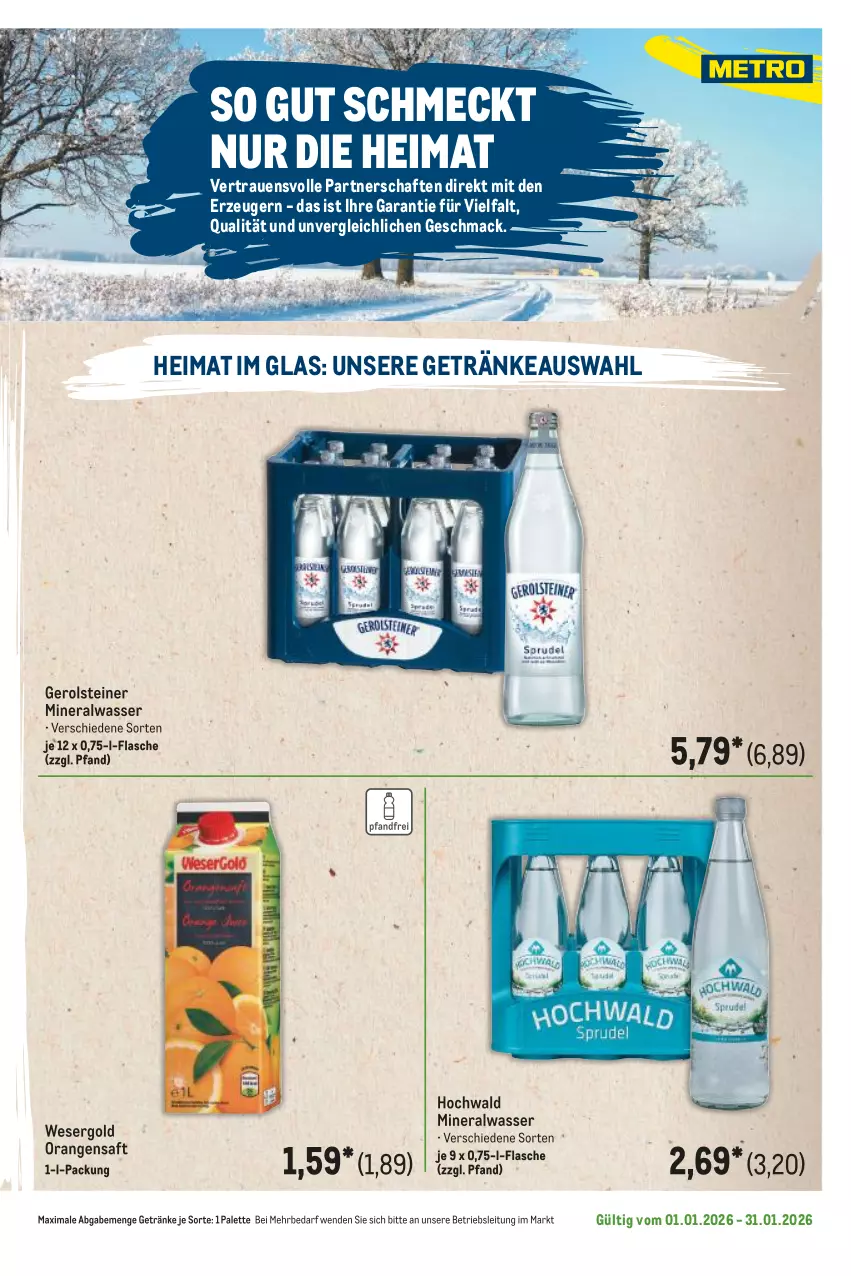 Aktueller Prospekt Metro - Regionaler Flyer - Seite 48 - von 01.01 bis 31.01.2026 - strona 65 - produkty: Alwa, flasche, gerolsteine, gerolsteiner, getränk, getränke, hochwald, mac, mineralwasser, orange, orangen, orangensaft, Palette, saft, steiner, Ti, wasser