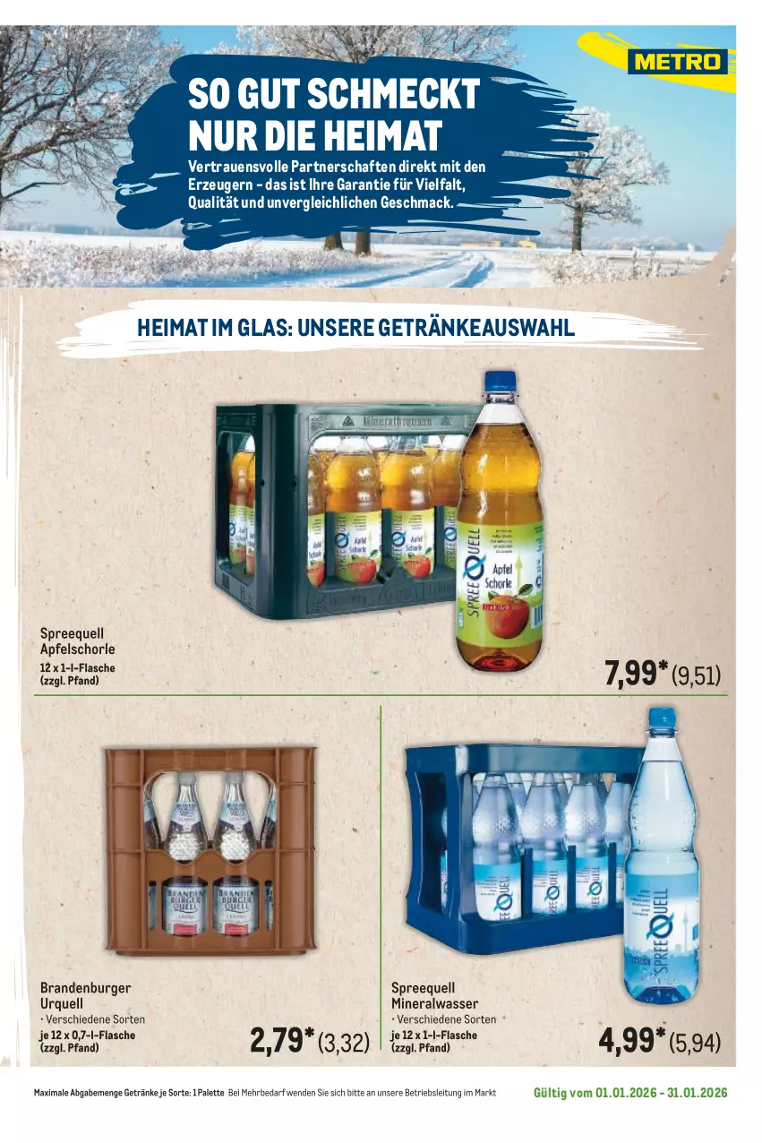 Aktueller Prospekt Metro - Regionaler Flyer - Seite 48 - von 01.01 bis 31.01.2026 - strona 75 - produkty: Alwa, apfel, Apfelschorle, burger, flasche, getränk, getränke, mac, mineralwasser, Palette, schorle, Spreequell, Ti, wasser
