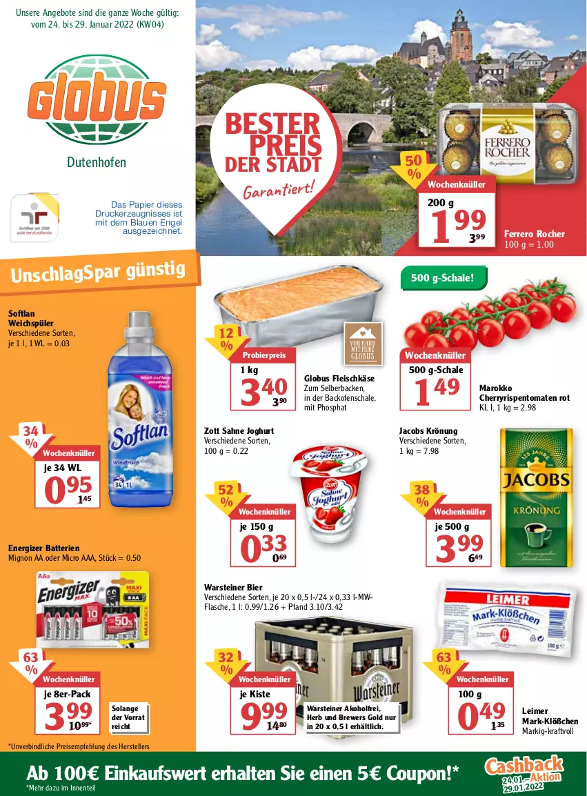 Aktueller Prospekt Globus - Prospekte - von 24.01 bis 29.01.2022 - strona 1 - produkty: angebot, angebote, backofen, batterie, batterien, bier, coupon, drucker, eimer, eis, elle, energizer, Engel, ente, ferrero, Ferrero Rocher, flasche, fleisch, fleischkäse, jacobs, jacobs krönung, joghur, joghurt, Käse, kerze, kraft, leimer, Ofen, papier, reis, rispentomaten, sahne, sahne joghurt, Schal, Schale, Softlan, steiner, teller, Ti, tomate, tomaten, warsteiner, weichspüler, zott