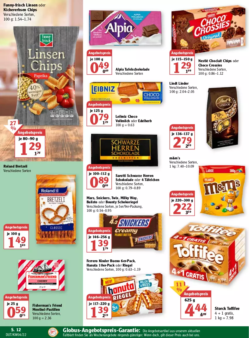 Aktueller Prospekt Globus - Prospekte - von 24.01 bis 29.01.2022 - strona 12 - produkty: alpia, angebot, angebote, angebotspreis, asti, balisto, bounty, chips, choclait chips, choco crossies, crossies, eis, elle, erbsen, ferrero, funny-frisch, hanuta, kichererbsen, Kichererbsen Chips, Kinder, kinder bueno, leibniz, lindor, lindt, linsen, mars, milch, milky way, nestlé, reis, riegel, saro, sarotti, schoko, schokolade, schokoriegel, snickers, storck, tafelschokolade, Ti, toffifee, twix, vollmilch