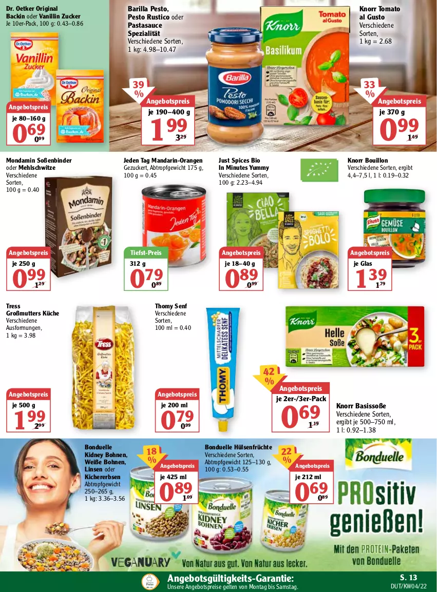 Aktueller Prospekt Globus - Prospekte - von 24.01 bis 29.01.2022 - strona 13 - produkty: angebot, angebotspreis, barilla, bio, bohne, bohnen, bonduelle, Dr. Oetker, eis, elle, erbsen, früchte, gin, hülsenfrüchte, kichererbsen, kidney, kidney bohnen, knorr, küche, linsen, mandarin-orangen, mehl, mondamin, orange, orangen, pasta, pesto, reis, sauce, senf, Soße, Spezi, thomy, Ti, tiefst-preis, tomato al gusto, Weiße Bohnen, zucker