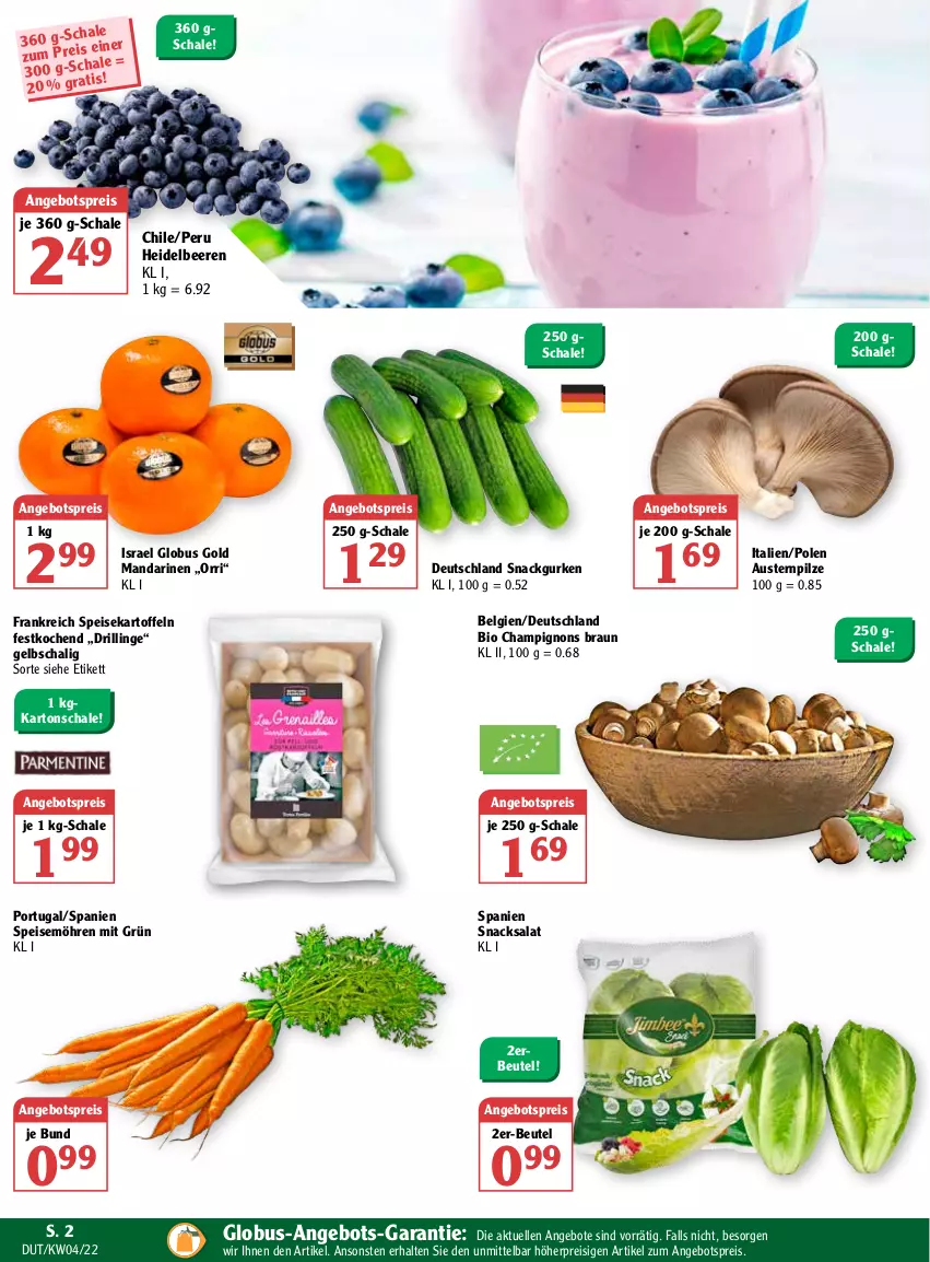 Aktueller Prospekt Globus - Prospekte - von 24.01 bis 29.01.2022 - strona 2 - produkty: angebot, angebote, angebotspreis, aust, Austern, beere, beeren, beutel, bio, braun, champignon, champignons, champignons braun, eis, elle, gurke, gurken, heidelbeere, heidelbeeren, kartoffel, kartoffeln, LG, mandarine, mandarinen, möhren, pilze, reis, salat, Schal, Schale, snack, snacks, speisekartoffeln, speisemöhren, Ti