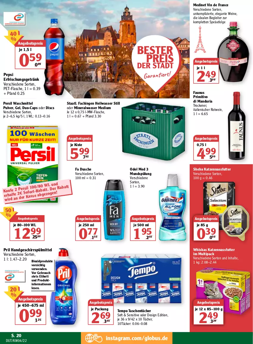 Aktueller Prospekt Globus - Prospekte - von 24.01 bis 29.01.2022 - strona 20 - produkty: Alwa, angebot, angebotspreis, bio, biozidprodukte, Cap, duo-caps, dusche, eis, erfrischungsgetränk, flasche, geschirr, geschirrspülmittel, getränk, LG, medinet, mineralwasser, Mineralwasser Medium, mundspülung, mw-flasche, nassfutter, Odol, odol med, pepsi, persil, persil waschmittel, pet-flasche, pril, primitivo, Rauch, reis, Ria, rotwein, rwe, sheba, spülmittel, spülung, Staatl. Fachingen, Tasche, taschen, taschentücher, Tempo, Ti, tücher, vin de france, waschmittel, wasser, wein, weine, whiskas