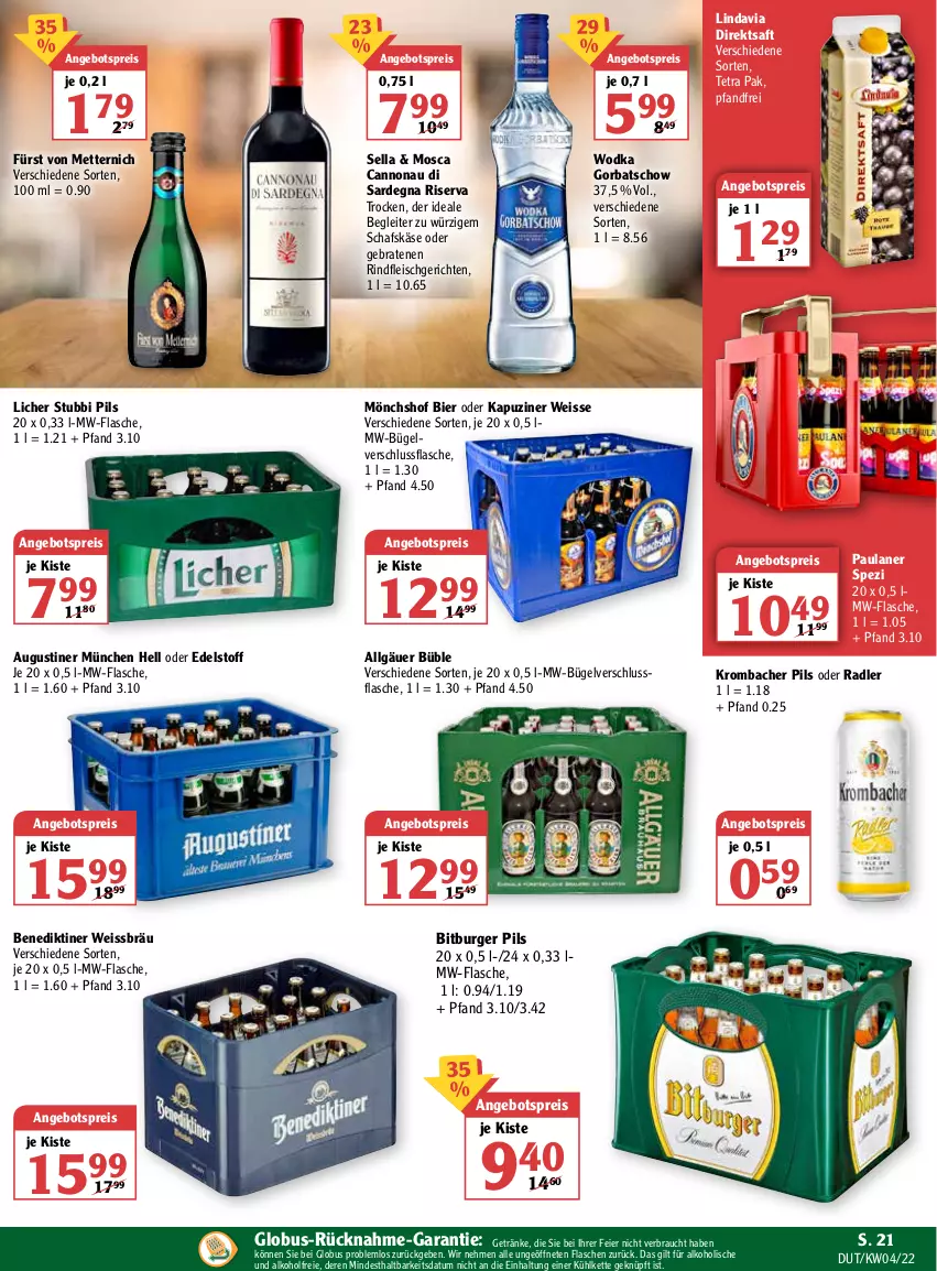 Aktueller Prospekt Globus - Prospekte - von 24.01 bis 29.01.2022 - strona 21 - produkty: alkohol, angebot, angebotspreis, Benediktiner, bier, bitburger, bitburger pils, braten, bügel, burger, direktsaft, eier, eis, flasche, fleisch, fürst von metternich, getränk, getränke, Gorbatschow, Käse, Kette, krombache, krombacher, krombacher pils, LG, Mett, metternich, mönchshof, mw-flasche, oder radler, Paula, paulaner, pils, radler, Rauch, reis, rind, rindfleisch, riserva, saft, schafskäse, Spezi, Ti, wodka