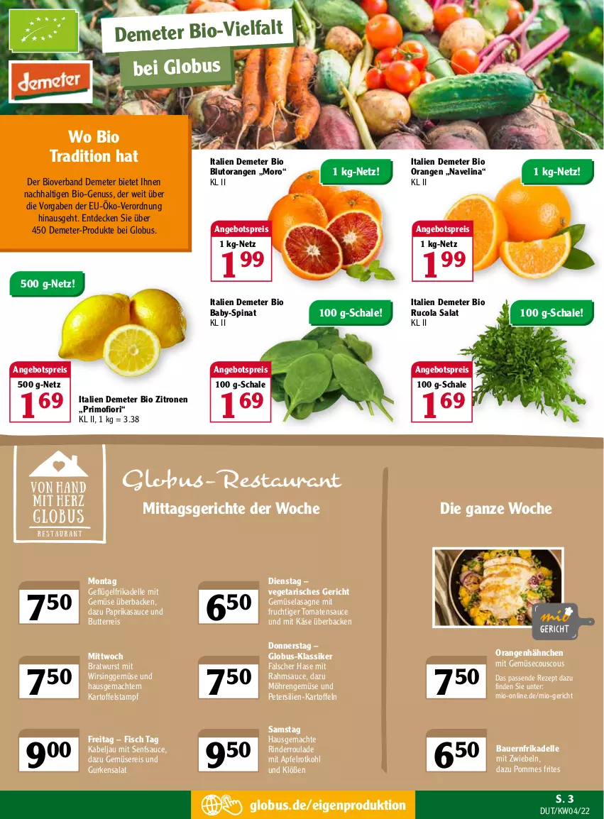 Aktueller Prospekt Globus - Prospekte - von 24.01 bis 29.01.2022 - strona 3 - produkty: angebot, angebotspreis, apfel, auer, Bau, Bauer, bio, Blutorange, bratwurst, butter, cola, couscous, decke, dell, eis, elle, fisch, frucht, Geflügel, gurke, gurken, gurkensalat, kartoffel, kartoffeln, Käse, lasagne, mac, mit frucht, mit gemüse, mit zwiebeln, möhren, navelina, nuss, orange, orangen, paprika, petersilie, pommes, Pommes Frites, reis, rezept, rind, rinder, Rinderroulade, rotkohl, rucola, salat, sauce, Schal, Schale, senf, spinat, Ti, tomate, tomaten, tomatensauce, Vegeta, Wirsing, wurst, zitrone, zitronen, zwiebel, zwiebeln