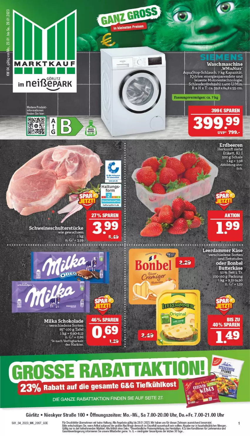 Aktueller Prospekt Marktkauf - Prospekt - von 22.01 bis 28.01.2023 - strona 1 - produkty: angebot, angebote, aqua, aquastop, beere, beeren, bonbel, butter, butterkäse, eier, eis, elle, ente, erdbeere, erdbeeren, Käse, lieferservice, milka, milka schokolade, reis, Schal, Schale, schlauch, schoko, schokolade, schwein, schweine, siemens, tee, teller, Ti, uhr, waschmaschine, wein, weine, ZTE