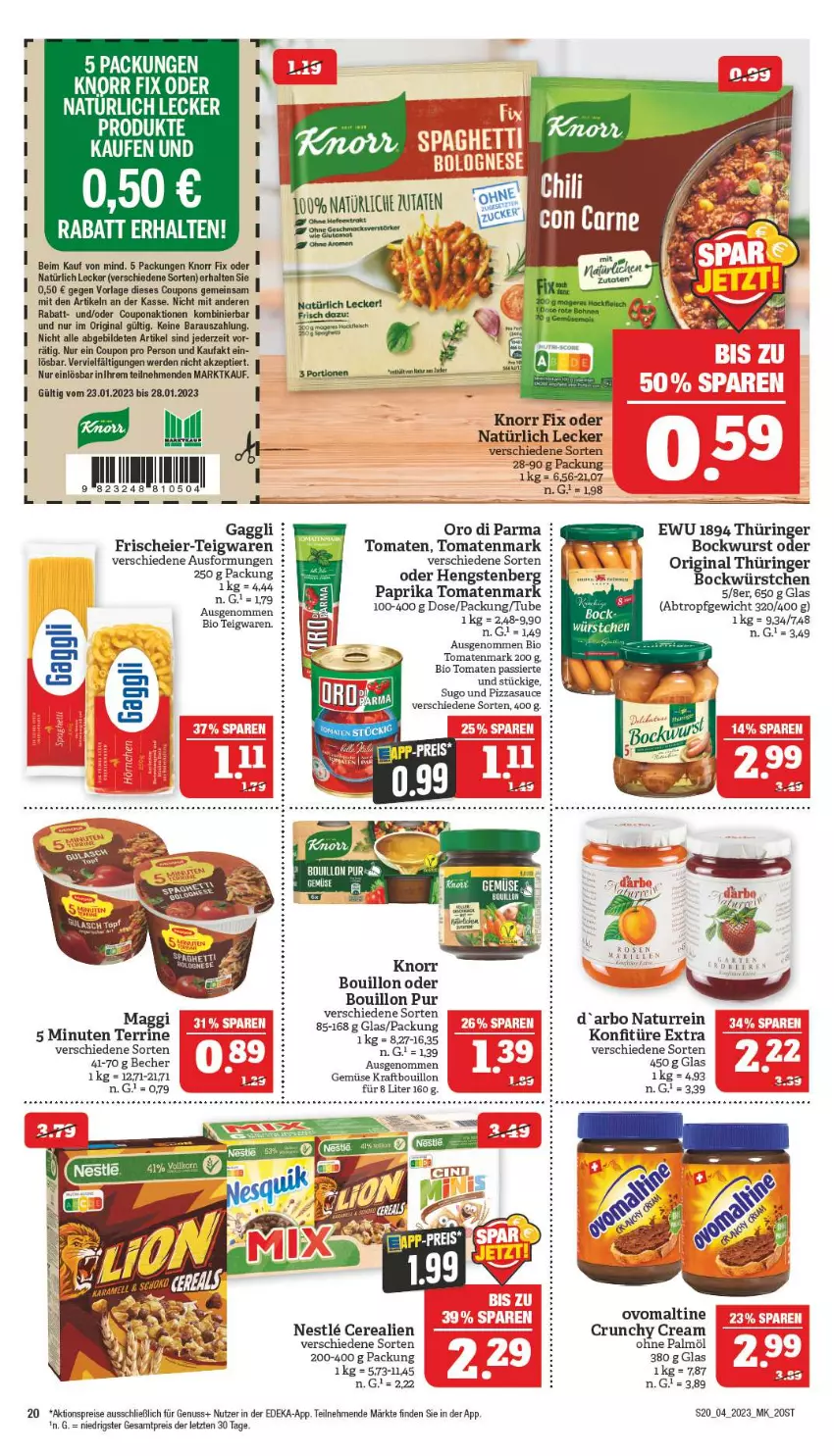 Aktueller Prospekt Marktkauf - Prospekt - von 22.01 bis 28.01.2023 - strona 20 - produkty: aktionspreis, Becher, bio, bockwurst, cerealien, coupon, coupons, deka, eier, eis, erde, gaggli, gin, hengstenberg, knorr, knorr fix, kraft, maggi, nuss, ohne palmöl, original thüringer, oro di parma, ovomaltine, paprika, pizza, reis, ring, rum, sauce, Sugo, teigwaren, terrine, Ti, tomate, tomaten, Tomaten Passiert, tomatenmark, wurst, würstchen, ZTE