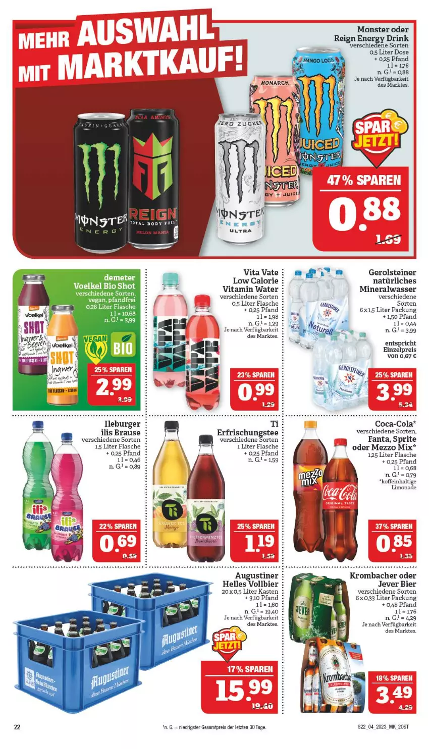 Aktueller Prospekt Marktkauf - Prospekt - von 22.01 bis 28.01.2023 - strona 22 - produkty: Alwa, bier, bio, brause, burger, coca-cola, cola, drink, eis, elle, energy drink, fanta, flasche, gerolsteine, gerolsteiner, jever, krombache, krombacher, limo, limonade, Mezzo Mix, mineralwasser, monster, reis, sprite, steiner, tee, Ti, vita, wasser, ZTE