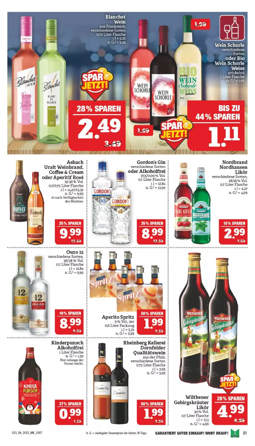 Aktueller Prospekt Marktkauf - Prospekt - von 22.01 bis 28.01.2023 - strona 23 - produkty: alkohol, aperitif, asbach uralt, bio, dornfelder, eis, elle, flasche, gin, gordon, Kinder, kräuter, likör, nordbrand, ouzo, ouzo 12, qualitätswein, reis, Ti, wein, weinbrand, wilthener, ZTE