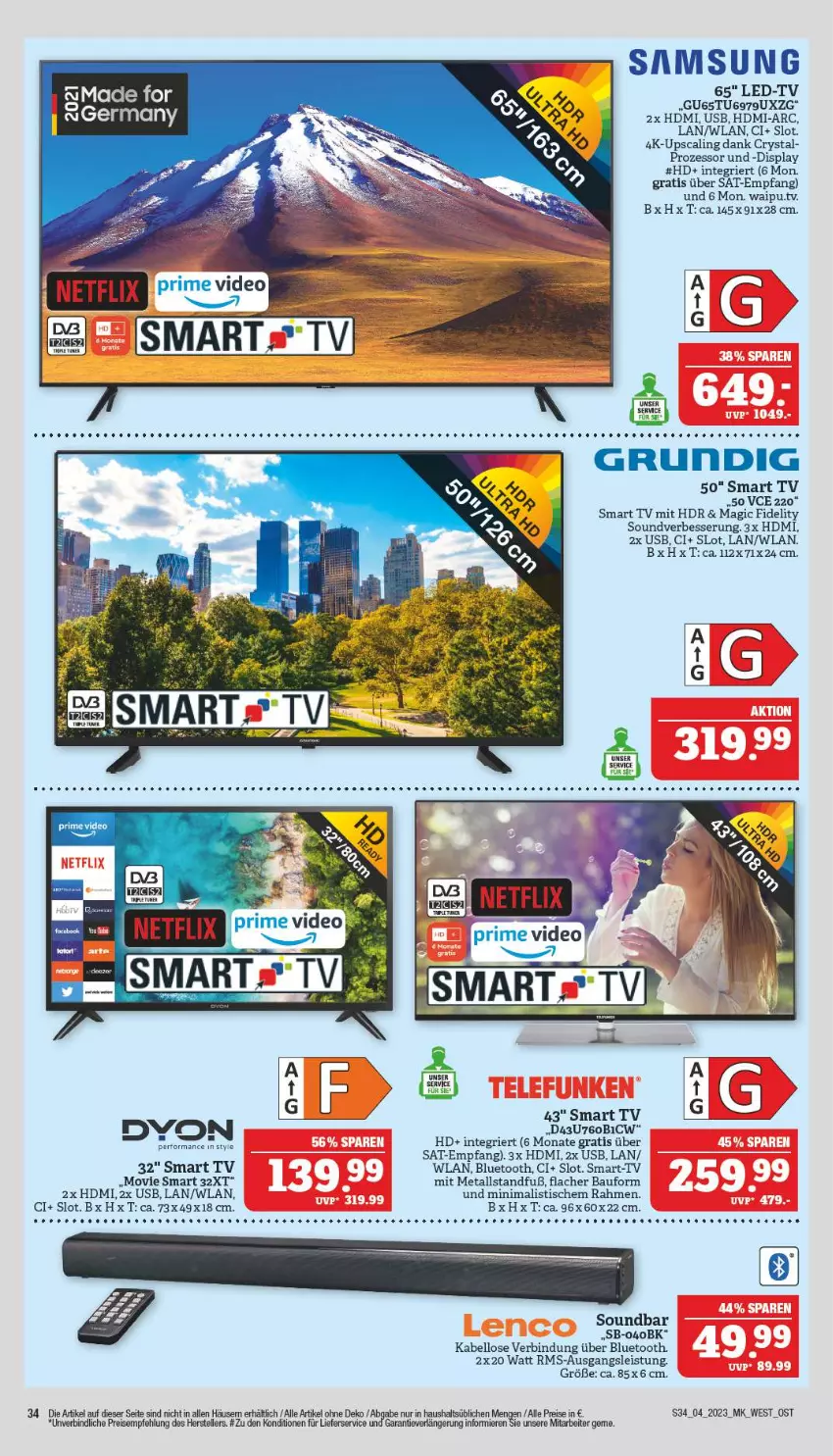 Aktueller Prospekt Marktkauf - Prospekt - von 22.01 bis 28.01.2023 - strona 34 - produkty: Bau, deo, dyon, eis, elle, Germ, grundig, HDMI, lieferservice, reis, Samsung, smart tv, soundbar, tee, teller, Ti, tisch, tuner, usb, Yo