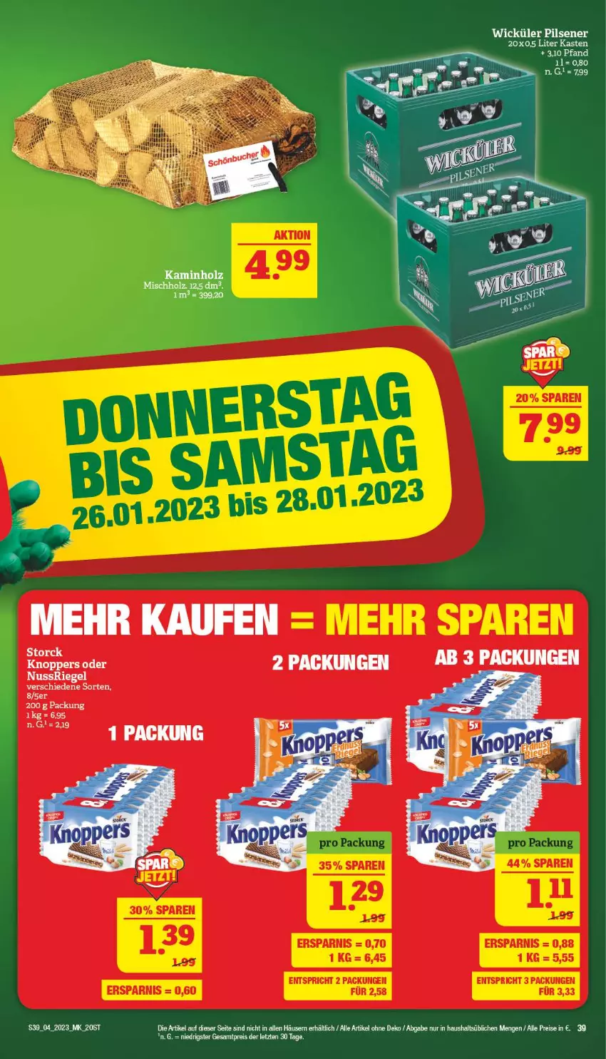 Aktueller Prospekt Marktkauf - Prospekt - von 22.01 bis 28.01.2023 - strona 39 - produkty: eis, Holz, Kamin, Kaminholz, knoppers, nuss, nussriegel, pils, pilsener, reis, riegel, storck, Ti, WICK