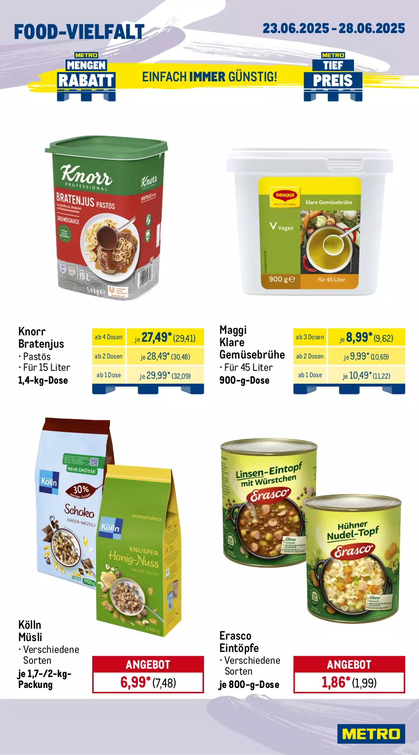 Aktueller Prospekt Metro - Wochen-Angebote Gastro - von 23.06 bis 28.06.2025 - strona 12 - produkty: angebot, beutel, bohne, braten, Brühe, coca-cola, cola, coupon, drink, eintöpfe, eis, energy drink, erasco, espresso, flasche, Gemüsebrühe, getränk, getränke, haribo, knorr, kölln, maggi, Metro, müsli, Palette, red bull, reis, Ti