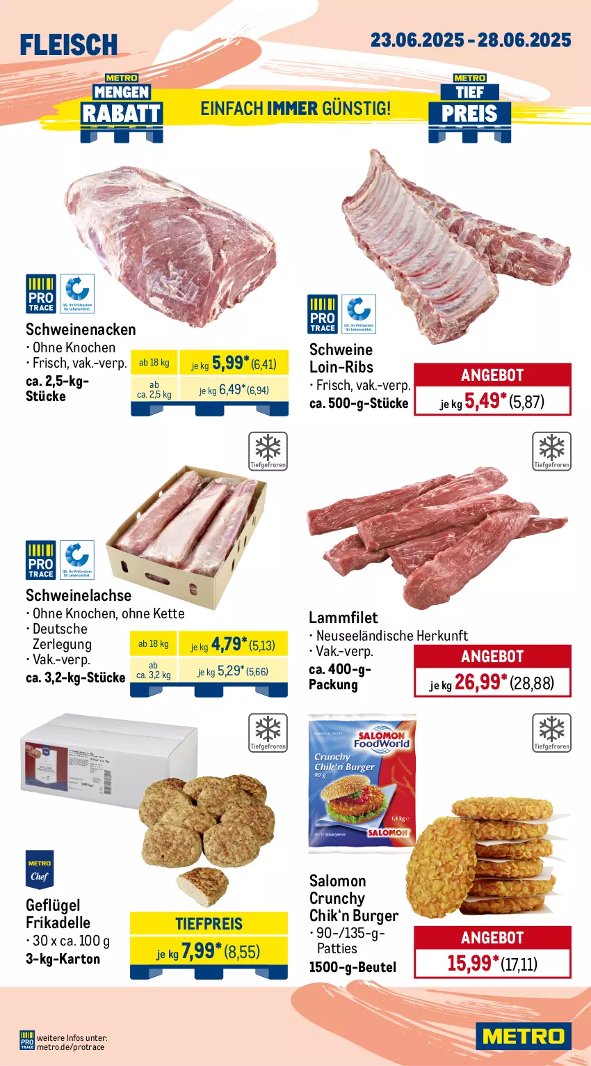 Aktueller Prospekt Metro - Wochen-Angebote Gastro - von 23.06 bis 28.06.2025 - strona 3 - produkty: angebot, beutel, braten, brustfilet, burger, decke, Deckel, dell, eis, elle, filet, fleisch, Geflügel, hähnchenbrust, hähnchenbrustfilet, Kette, lachs, lamm, Metro, reis, rind, rinder, rinderbraten, rinderfilet, salomon, Schal, Schale, schwein, schweine, Schweinelachs, schweinenacken, Ti, tiefpreis, wein, weine