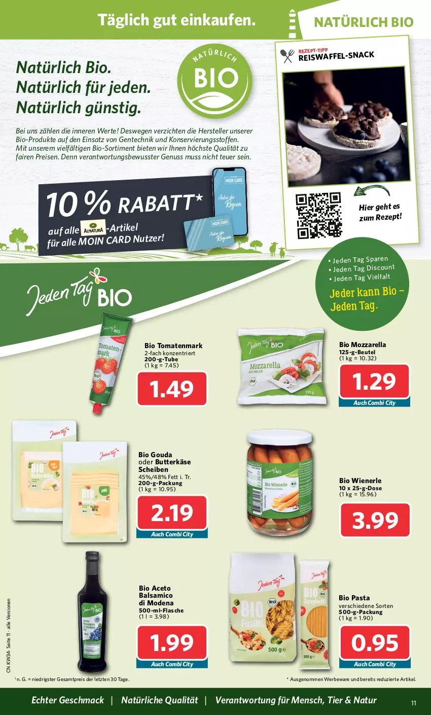 Aktueller Prospekt Combi - Prospekte - von 21.08 bis 26.08.2023 - strona 11 - produkty: aceto, aceto balsamico, balsam, balsamico, beutel, bio, butter, eis, elle, ente, flasche, gouda, Käse, mac, Mode, mozzarella, natur, nuss, pasta, reis, rel, rezept, rezept-tipp, snack, teller, Ti, tomate, tomaten, tomatenmark, wiener, ZTE