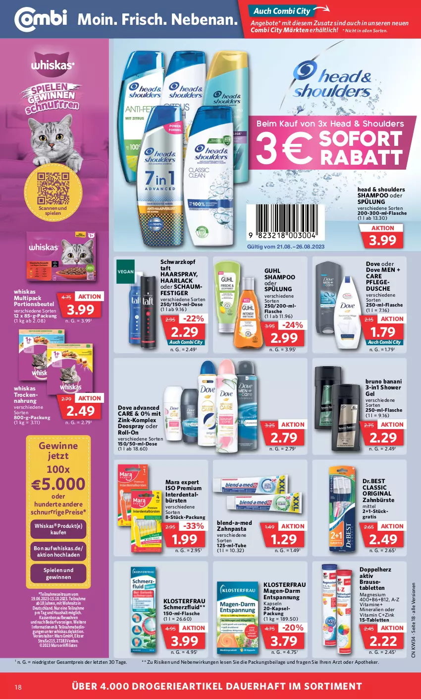 Aktueller Prospekt Combi - Prospekte - von 21.08 bis 26.08.2023 - strona 18 - produkty: angebot, angebote, Apotheke, arla, auer, beutel, blend-a-med, brause, bruno banani, bürste, bürsten, deo, deospray, doppelherz, dove, dusche, eis, erde, flasche, gin, Guhl, Haarlack, haarspray, ilag, lack, magnesium, magnesium 400, mars, pasta, portionsbeutel, reis, roll-on, schwarzkop, schwarzkopf, shampoo, shampoo oder spülung, Spiele, spülung, tablet, tablett, Tablette, Taft, Ti, vita, Vitamin C, Vitamine, whiskas, zahnbürste, zahnpasta, ZTE