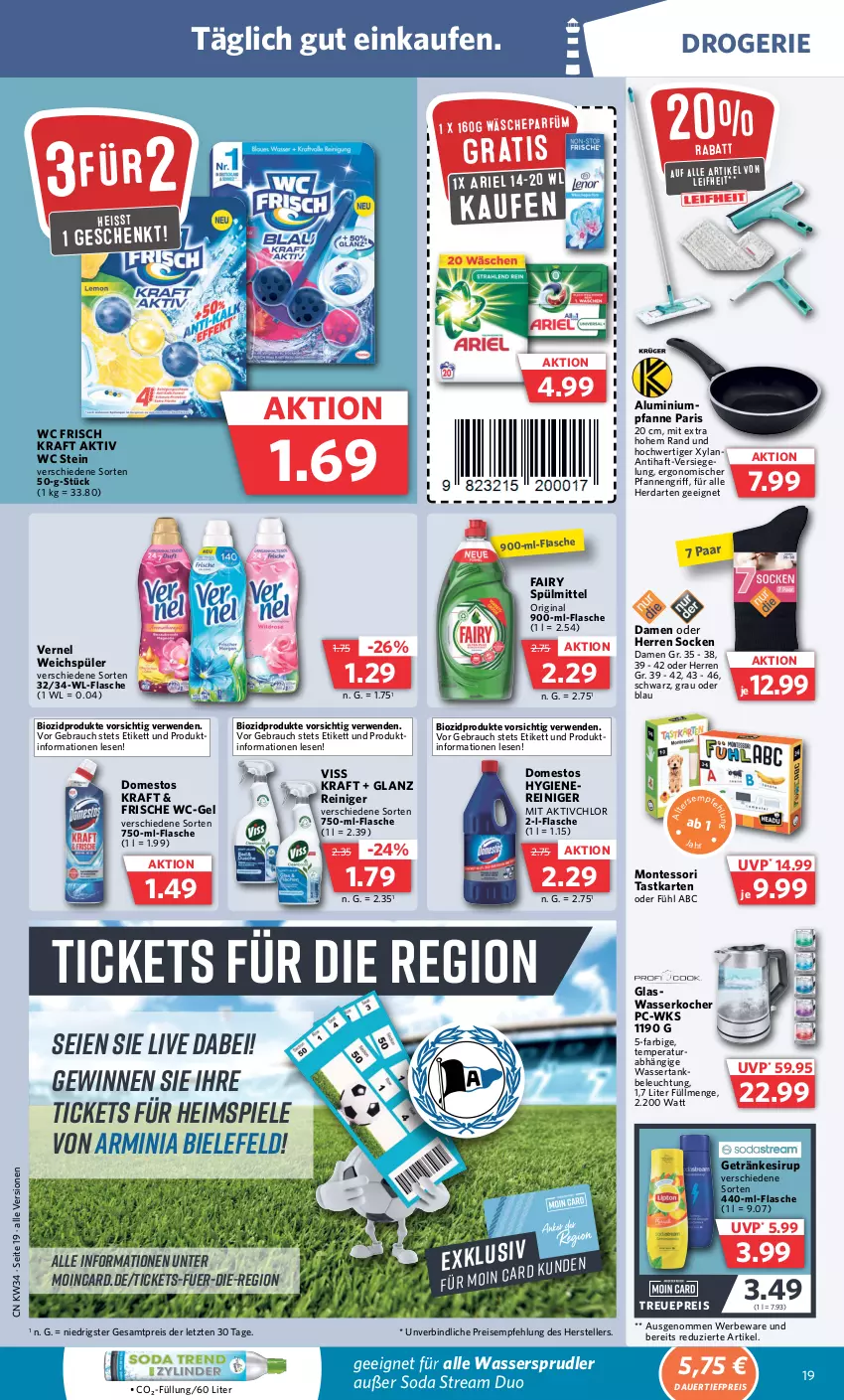 Aktueller Prospekt Combi - Prospekte - von 21.08 bis 26.08.2023 - strona 19 - produkty: ariel, auer, beleuchtung, bio, biozidprodukte, dauertiefpreis, domestos, eis, elle, fairy, flasche, getränk, getränke, getränkesirup, gin, herdarten, Kocher, kraft, lebensmittel, leifheit, monte, pfanne, pfannen, Rauch, reiniger, reis, rwe, sirup, socken, Soda, Spiele, spülmittel, teller, Ti, tiefpreis, vernel, wäscheparfüm, wasser, wasserkocher, wassersprudler, wassertank, wc frisch, WC Frisch Kraft Aktiv, wc-gel, weichspüler, ZTE