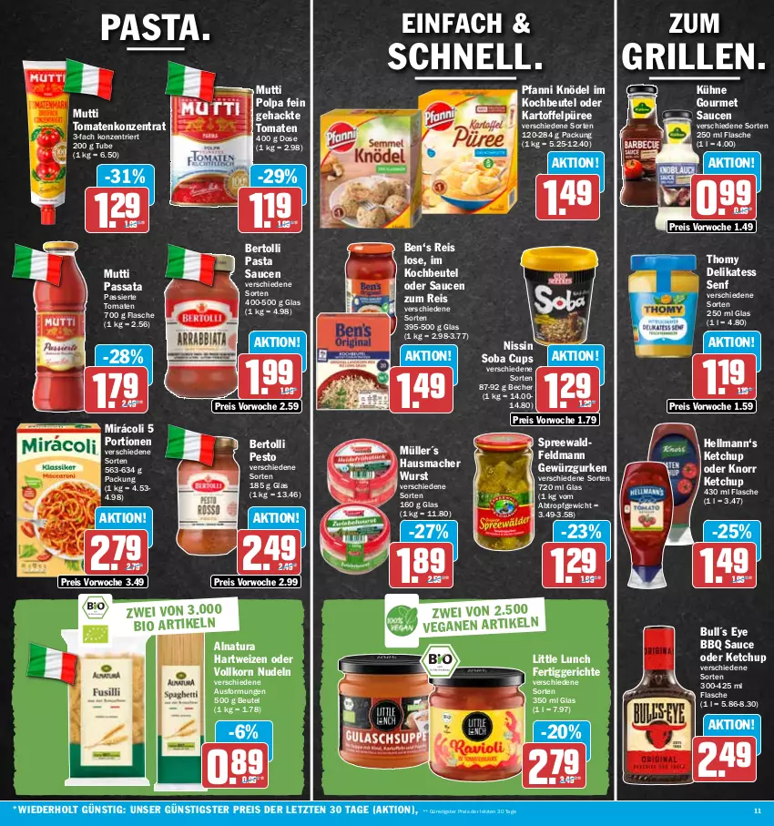 Aktueller Prospekt Hit - Prospekte - von 26.06 bis 01.07.2023 - strona 11 - produkty: Becher, bertolli, beutel, bio, delikatess senf, eis, fertiggericht, fertiggerichte, flasche, gewürz, Gewürzgurke, gewürzgurken, grill, gurke, gurken, hartweizen, Hausmacher, kartoffel, Kartoffelpüree, ketchup, Knödel, knorr, kochbeutel, korn, Kühne, mac, Mirácoli, Müller, Mutti, natur, natura, Nissin, nudel, nudeln, pasta, Pasta Sauce, pesto, pfanni, püree, reis, sauce, saucen, senf, thomy, Ti, tomate, tomaten, wurst, ZTE