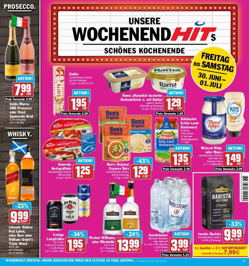 Aktueller Prospekt Hit - Prospekte - von 26.06 bis 01.07.2023 - strona 15 - produkty: aufstrich, bockwurst, böklunder, brot, brotaufstrich, brut, butter, drink, drinks, ecco, eis, elle, filet, filets, flasche, gerolsteine, gerolsteiner, gin, giotto, Grant‘s, hawesta, hering, Herings, heringsfilets, jacobs, John Barr, johnnie walker, miracel, miracel whip, natur, pircher, prosecco, puma, rama, reis, rel, ring, sofortrabatt, Sprudel, spumante, steiner, Ti, valdo, whisky, wurst, Yo, ZTE