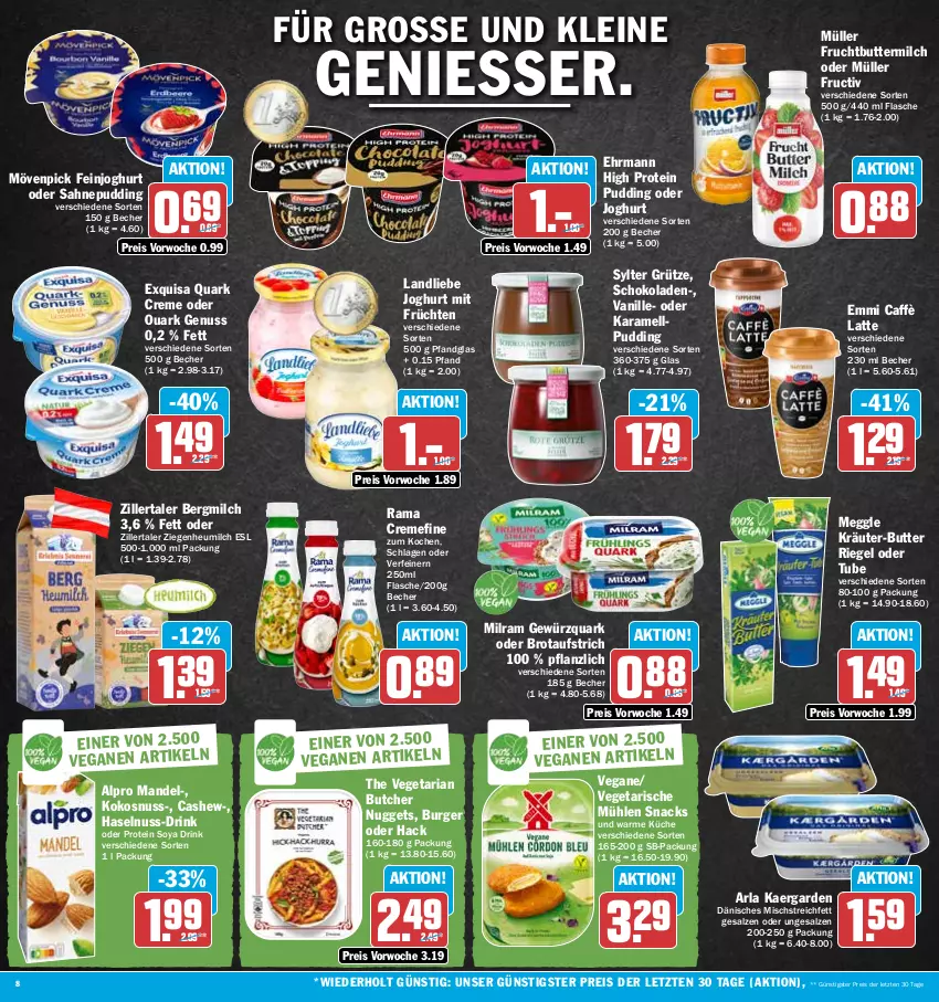 Aktueller Prospekt Hit - Prospekte - von 26.06 bis 01.07.2023 - strona 8 - produkty: alpro, arla, aufstrich, Becher, brot, brotaufstrich, burger, butter, buttermilch, caffè latte, Cashew, creme, drink, ehrmann, eis, emmi, exquisa, feinjoghurt, flasche, frucht, früchte, früchten, gewürz, gewürzquark, grütze, haselnuss, Heu, heumilch, joghur, joghurt, karamell, kokos, kokosnuss, kräuter, kräuter-butter, küche, landliebe, landliebe joghurt, latte, leine, mandel, meggle, milch, milram, mövenpick, Müller, nuggets, nuss, pudding, quark, rama, rama cremefine, reis, Ria, riegel, sahne, salz, schoko, schokolade, schokoladen, snack, snacks, soya, Sylter, The Vegetarian Butcher, Ti, vanille, Vegeta, ZTE