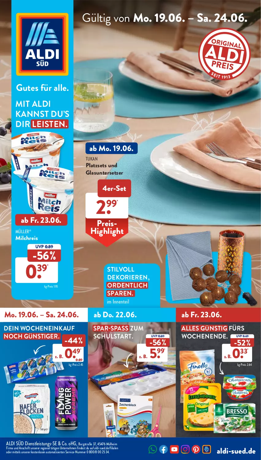 Aktueller Prospekt AldiSud - NÄCHSTE WOCHE - von 19.06 bis 24.06.2023 - strona 1 - produkty: aldi, auto, eis, ente, milch, milchreis, Müller, reis, Ti, Untersetzer