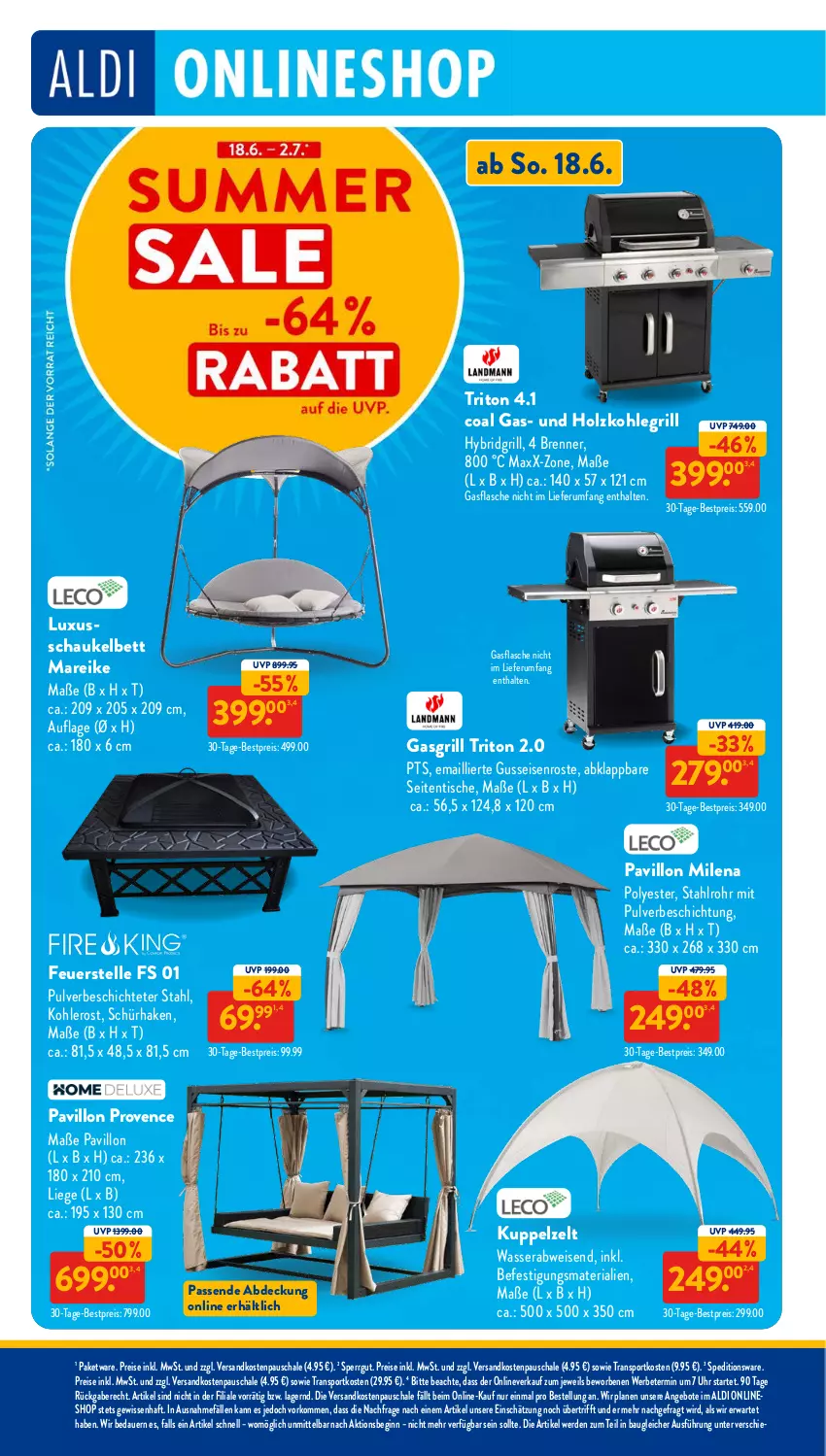 Aktueller Prospekt AldiSud - NÄCHSTE WOCHE - von 19.06 bis 24.06.2023 - strona 37 - produkty: aldi, angebot, angebote, auer, Bau, bestpreis, bett, eis, elle, erde, gasgrill, gin, grill, Holz, holzkohle, holzkohlegrill, Kohlegrill, Kuppelzelt, Liege, ndk, pavillon, reis, Ria, rum, Schal, Schale, Schaukel, Sport, Ti, tisch, uhr, wasser, Zelt