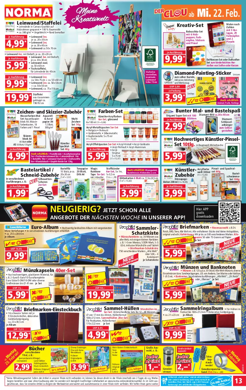 Aktueller Prospekt Norma - Norma - von 20.02 bis 27.02.2023 - strona 13 - produkty: abus, angebot, angebote, Anhänger, aqua, Bank, Bau, baumwolle, Bebe, brie, buch, decke, din a4, disney, Duftkerze, eis, Eiskönigin, Elan, elle, farbstifte, gewürz, gin, Holz, kerze, Kinder, kleber, Kreide, küche, leine, LG, messer, natur, ndk, papier, Pinsel, Pinselset, Puppe, reifen, reis, rel, Ria, ring, Roller, Schere, Seife, spachtel, staubwedel, stifte, tablet, tablett, Tasche, Teleskop, Ti, Tiere, tisch, wasser, weber, wedel, werkzeug, WICK, Wickeltasche, wolle, ZTE