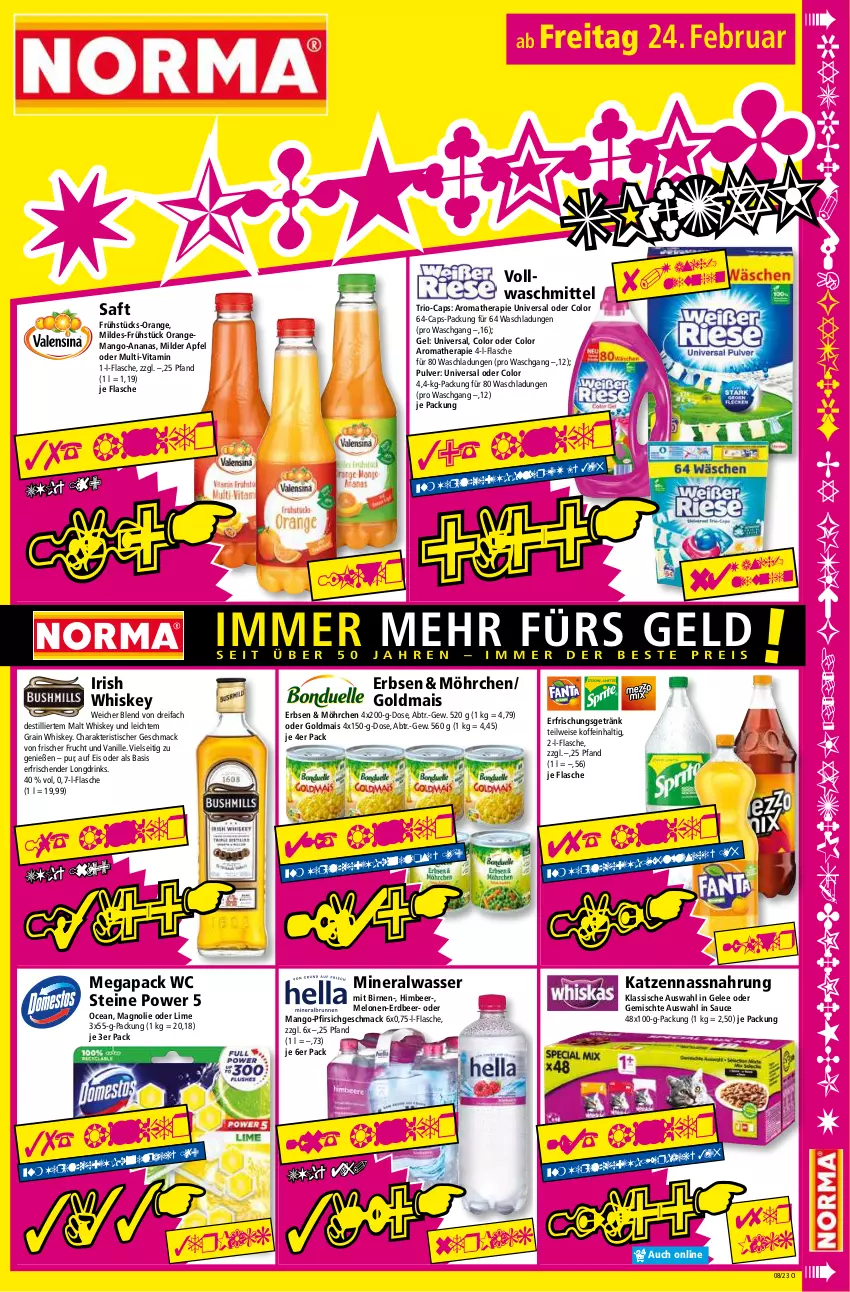 Aktueller Prospekt Norma - Norma - von 20.02 bis 27.02.2023 - strona 15 - produkty: Alwa, ananas, apfel, Birnen, Cap, drink, drinks, eis, erbsen, erfrischungsgetränk, flasche, frucht, gelee, getränk, Goldmais, himbeer, irish whiskey, mac, mais, mango, melone, melonen, mineralwasser, Nassnahrung, orange, pfirsich, saft, sauce, Ti, tisch, vanille, vita, vollwaschmittel, waschmittel, wasser, whiskey