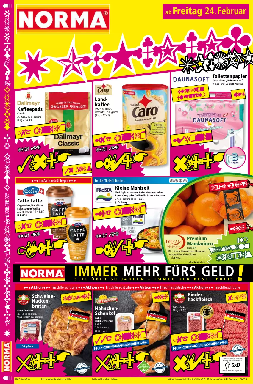 Aktueller Prospekt Norma - Norma - von 20.02 bis 27.02.2023 - strona 16 - produkty: ACC, Becher, Blüte, braten, caffè latte, Cap, cappuccino, chia, cin, curry, eis, elle, fleisch, früchte, geschnetzeltes, hackfleisch, hähnchenschenkel, henkel, kaffee, kaffeepads, kühlregal, latte, lebensmittel, leine, mac, macchiato, mandarine, mandarinen, natur, ndk, papier, regal, reis, rind, rinder, rinderhackfleisch, schenkel, schwein, schweine, schweinenacken, tagliatelle, Ti, tiefpreis, toilettenpapier, wein, weine, Zelt