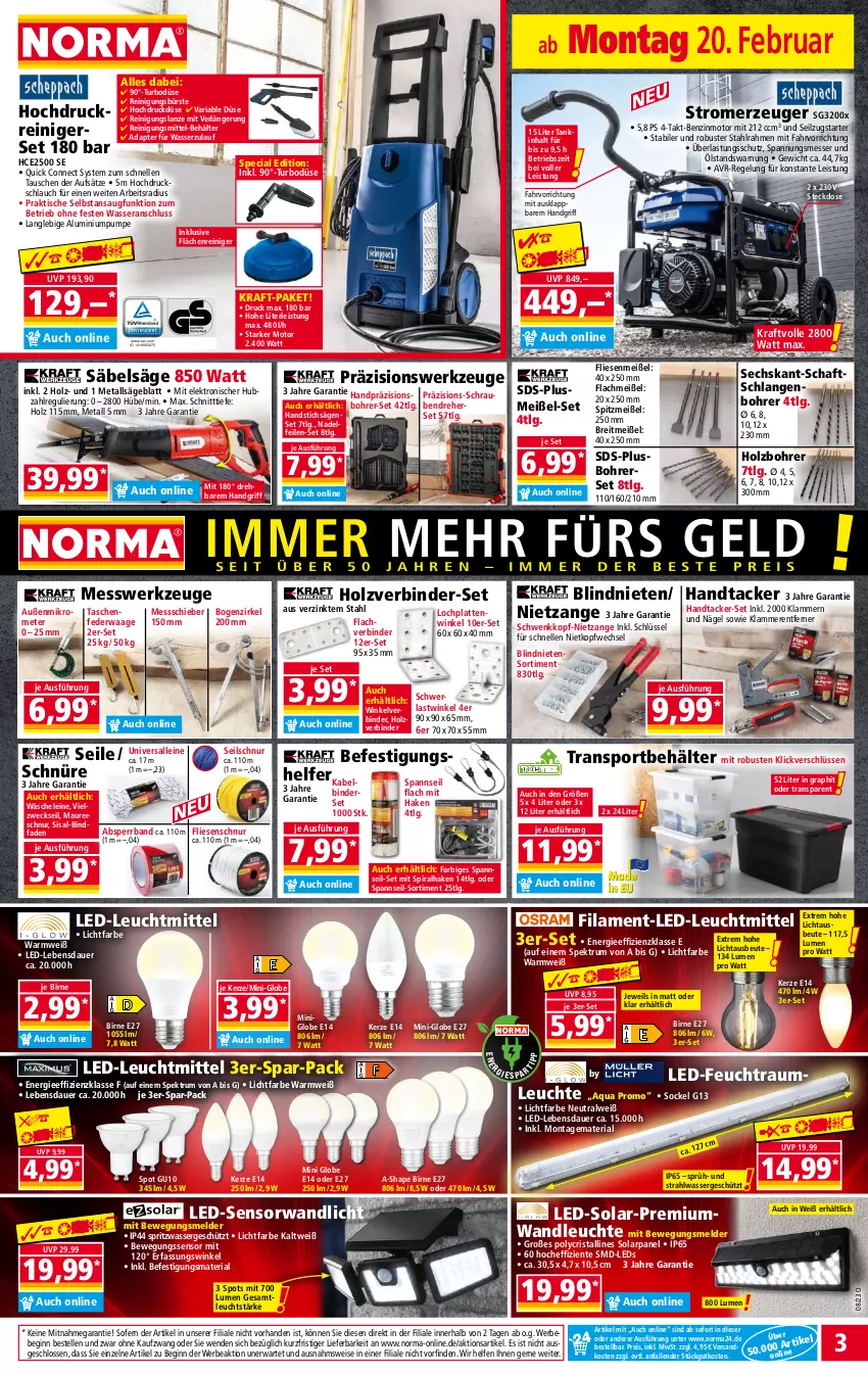 Aktueller Prospekt Norma - Norma - von 20.02 bis 27.02.2023 - strona 3 - produkty: Absperrband, adapter, aqua, auer, Bebe, Behälter, Bewegungssensor, Bohrer-Set, Bohrerset, Brei, bürste, eis, Elektro, elle, ente, Fliesenschnur, gin, gsw, hochdruckreiniger, Holz, HP, iglo, kerze, Klammern, kraft, lamm, latte, leds, leine, Leuchte, leuchtmittel, LG, Maurerschnur, messer, ndk, reiniger, Reinigung, reinigungsbürste, Reinigungsmittel, reis, Ria, rum, Säbelsäge, säge, schlauch, Seilschnur, Spektrum, Sport, steckdose, stichsäge, Stromerzeuger, Tasche, taschen, Ti, tisch, usb, Vielzweckseil, Waage, wasser, weck, werkzeug, werkzeuge