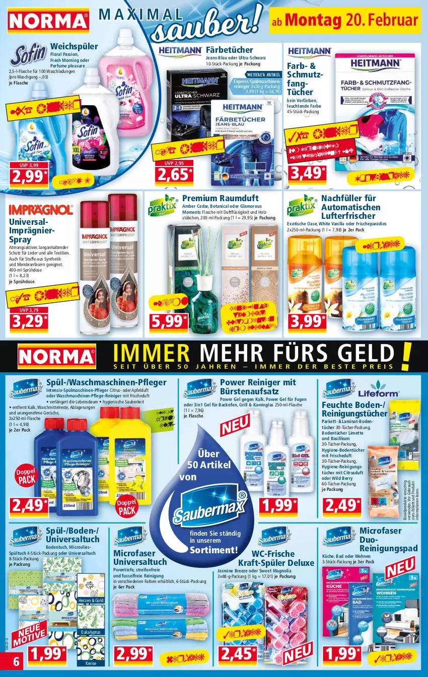 Aktueller Prospekt Norma - Norma - von 20.02 bis 27.02.2023 - strona 6 - produkty: Amber, apfel, auer, auto, backofen, Bad, basilikum, bio, biozidprodukte, Bodentücher, bree, bürste, bürsten, citrus, eis, ente, Fangtücher, flasche, grill, Holz, Kamin, kraft, küche, laminat, Leuchte, leuchten, limette, lufterfrischer, maschinenreiniger, Mett, Ofen, Rauch, Raumduft, reifen, reiniger, Reinigung, reinigungstücher, reis, rwe, spülmaschinen, tender, Ti, tisch, tuc, tücher, waschmaschine, waschmaschinen, waschmittel, weichspüler, Wild, wild berry