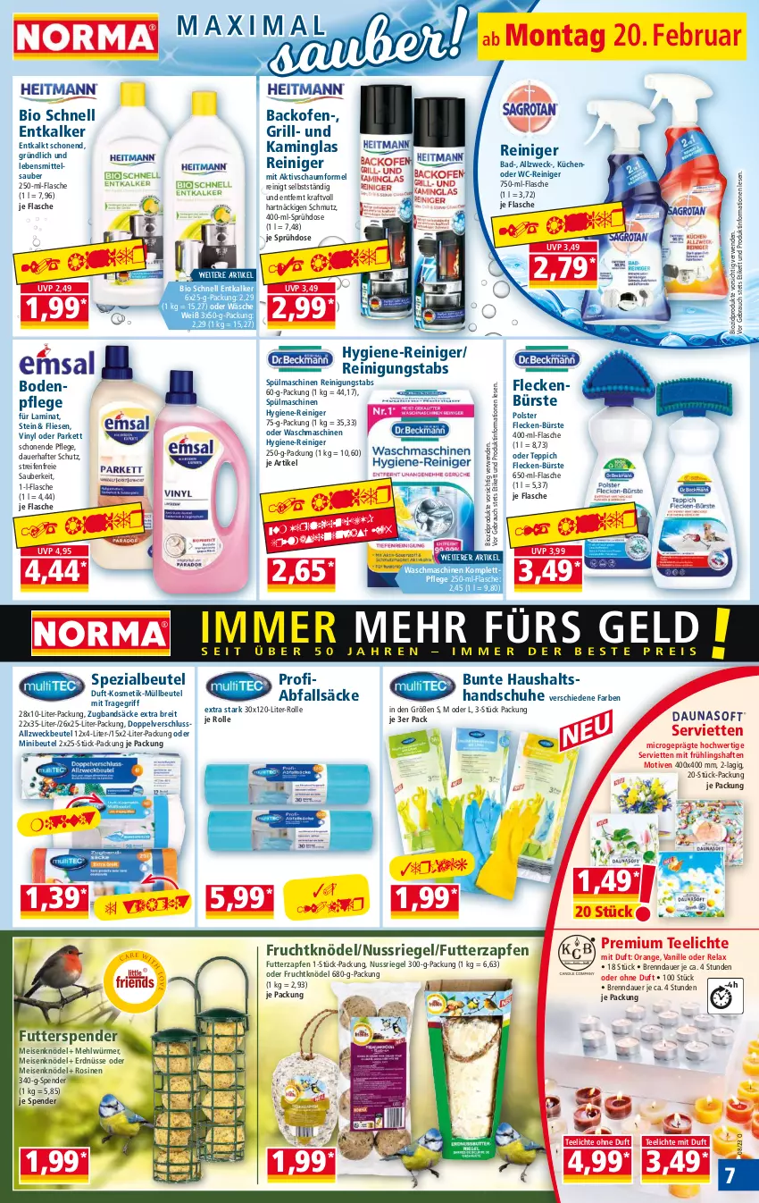 Aktueller Prospekt Norma - Norma - von 20.02 bis 27.02.2023 - strona 7 - produkty: Allzweckbeutel, auer, backofen, Bad, beutel, bio, biozidprodukte, Brei, bürste, eis, entkalker, erdnüsse, flasche, frucht, grill, handschuhe, hygiene-reiniger, Kamin, Knödel, kosmetik, kraft, küche, Küchen, laminat, lebensmittel, mehl, Meisenknödel, müllbeutel, nuss, nussriegel, Ofen, orange, Rauch, reifen, reiniger, Reinigung, rel, riegel, rwe, schuhe, Serviette, servietten, Spezi, spülmaschinen, tee, Teelicht, teelichte, teppich, Ti, tragegriff, vanille, waschmaschine, waschmaschinen, wc-reiniger, weck