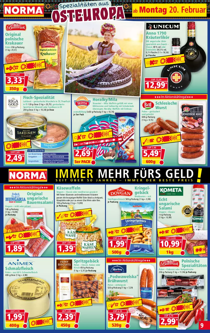 Aktueller Prospekt Norma - Norma - von 20.02 bis 27.02.2023 - strona 9 - produkty: antipasti, asti, auer, Bau, Bauer, bier, Brühwurst, creme, eis, erdnuss, fisch, flasche, fleisch, gewürz, gin, hose, hosen, HP, in olivenöl, kabanos, kakao, Käse, kirsch, krakauer, kräuter, kräuterlikör, kräutern, kühlregal, latte, LG, likör, mac, malz, milch, Muscheln, nuss, olive, oliven, olivenöl, regal, riegel, ring, salami, Sardinen, Schmalz, schoko, schokolade, schwein, schweine, schweinefleisch, Spezi, Sprotten, thunfisch, Ti, Ungarische Salami, vanille, waffeln, wein, weine, Wels, wurst