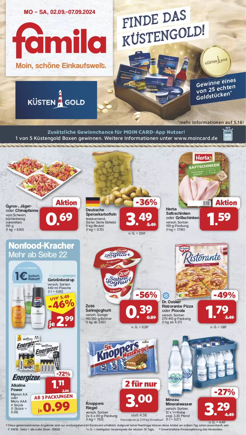 Aktueller Prospekt Famila - Prospekte - von 02.09 bis 07.09.2024 - strona 1 - produkty: Alwa, angebot, angebote, Becher, beutel, cola, Dr. Oetker, eis, elle, flasche, getränk, getränke, getränkesirup, grill, gyros, herta, joghur, joghurt, kartoffel, kartoffeln, knoppers, kracher, küche, Küchen, küstengold, mineralwasser, pfanne, pizza, reis, riegel, ristorante, ristorante pizza, saft, saftschinken, sahne, Sahnejoghurt, schinken, schwein, sirup, speisekartoffeln, teller, Ti, wasser, wein, zott, ZTE