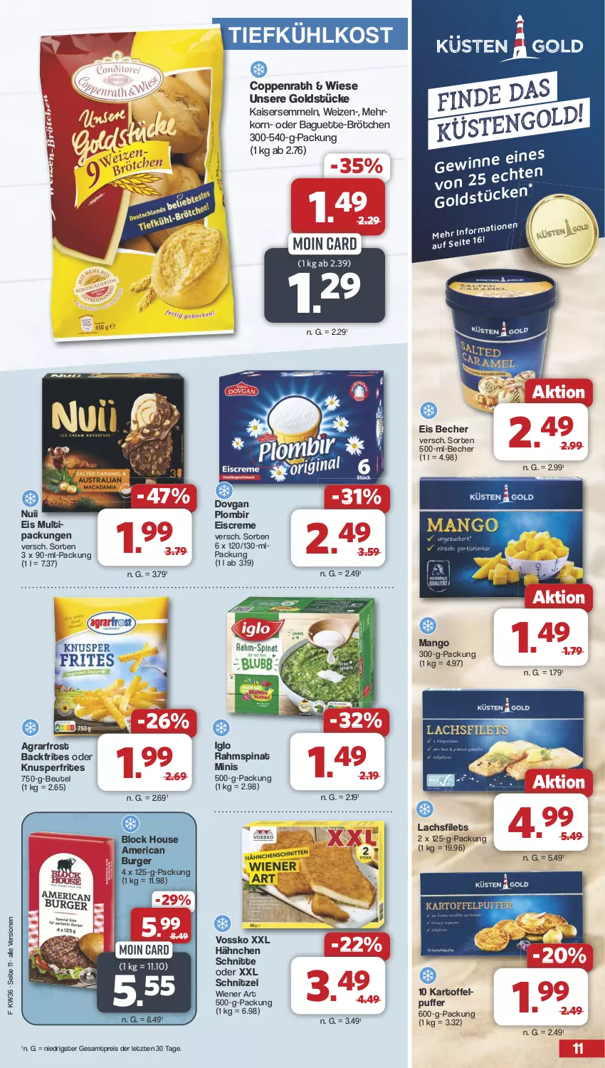 Aktueller Prospekt Famila - Prospekte - von 02.09 bis 07.09.2024 - strona 11 - produkty: agrarfrost, baguette, Becher, beutel, brötchen, burger, coppenrath, creme, dovgan, eis, eiscreme, filet, filets, Goldstücke, iglo, Kaiser, Kaisersemmel, kartoffel, korn, lachs, lachsfilet, lachsfilets, mango, nuii, reis, schnitzel, Semmel, spinat, Ti, tiefkühlkost, vossko, wiener, ZTE