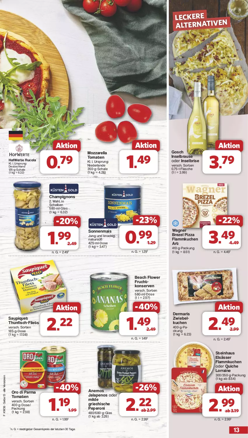 Aktueller Prospekt Famila - Prospekte - von 02.09 bis 07.09.2024 - strona 13 - produkty: brause, brezel, champignon, champignons, cola, eis, filet, filets, fisch, flammkuchen, flasche, frucht, Konserven, kuchen, lamm, mais, mozzarella, natur, oro di parma, peperoni, Peroni, pizza, Quiche, reis, rel, rucola, saupiquet, Schal, Schale, steinhaus, thunfisch, Ti, tomate, tomaten, wagner, ZTE, zwiebel