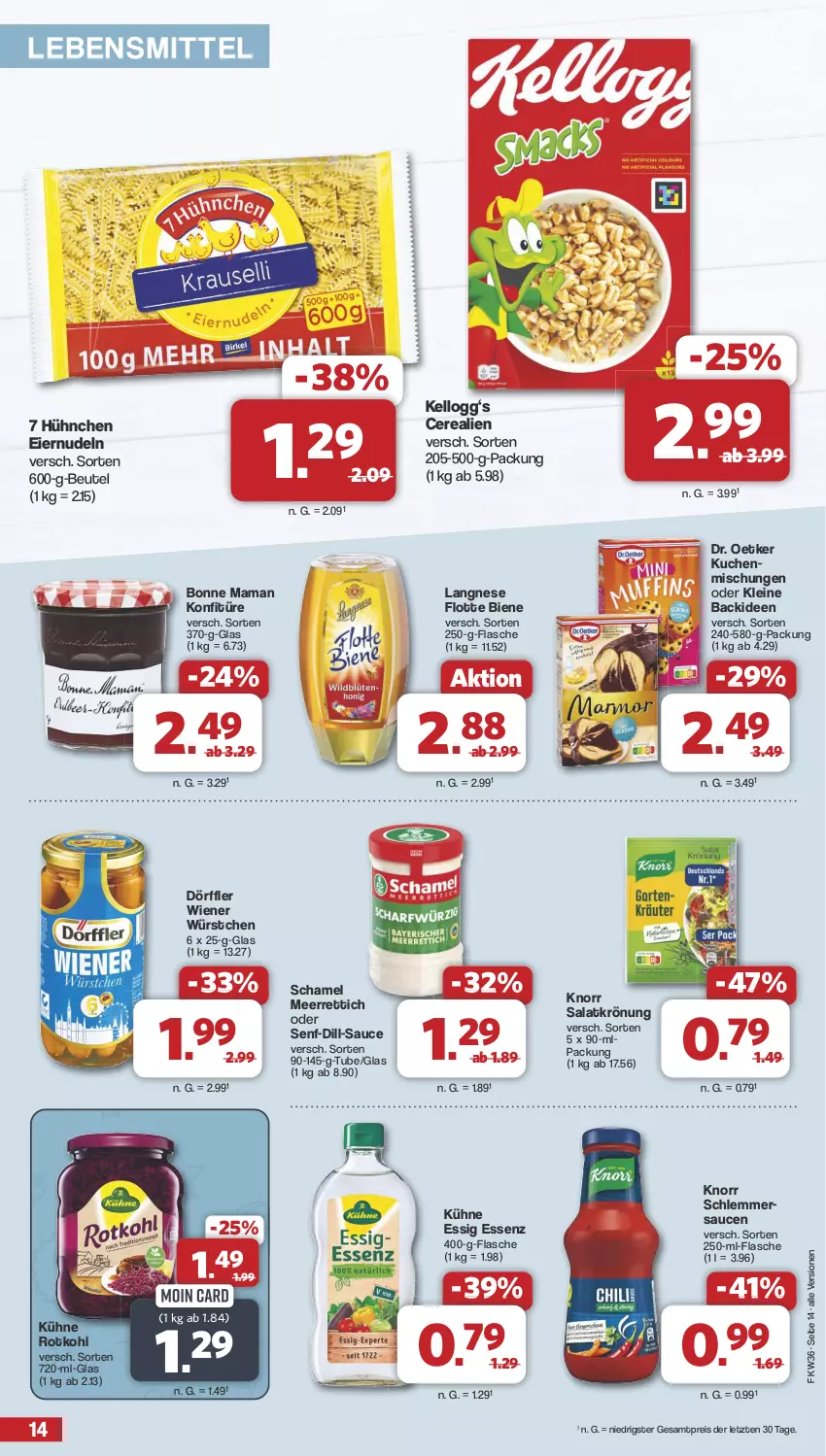 Aktueller Prospekt Famila - Prospekte - von 02.09 bis 07.09.2024 - strona 14 - produkty: beutel, bonne maman, cerealien, Dr. Oetker, eier, eiernudeln, eis, essig, flasche, Kellogg‘s, knorr, konfitüre, kuchen, Kühne, langnese, lebensmittel, leine, mam, meerrettich, nudel, nudeln, reis, Rettich, rotkohl, salat, salatkrönung, sauce, saucen, schamel, senf, Ti, wiener, wiener würstchen, würstchen, ZTE