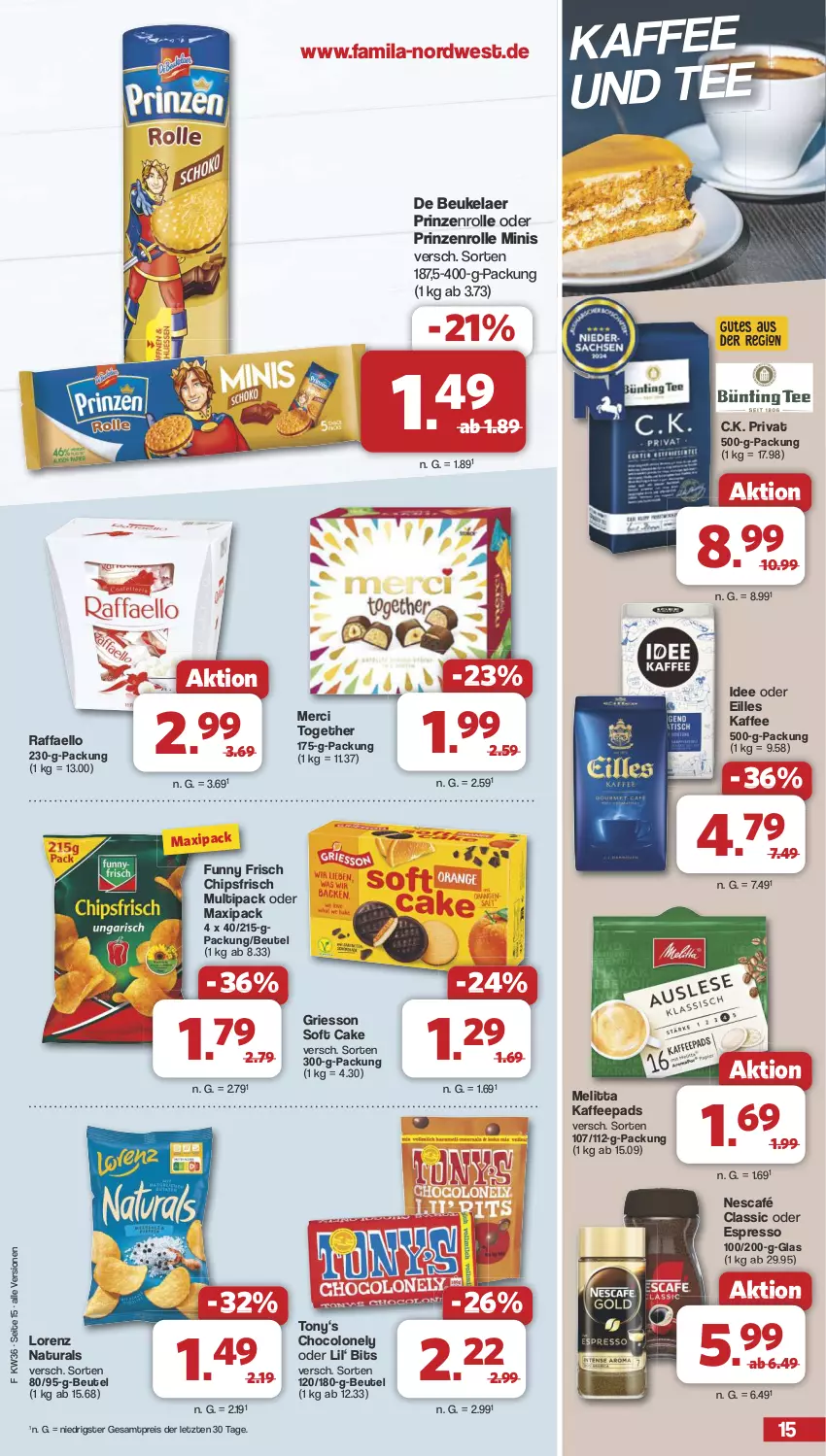 Aktueller Prospekt Famila - Prospekte - von 02.09 bis 07.09.2024 - strona 15 - produkty: beutel, chips, chipsfrisch, de beukelaer, eis, espresso, Funny Frisch, griesson, kaffee, kaffeepads, lorenz, melitta, merci, natur, natura, Nescafé, oder espresso, prinzenrolle, raffaello, reis, tee, Ti, ZTE