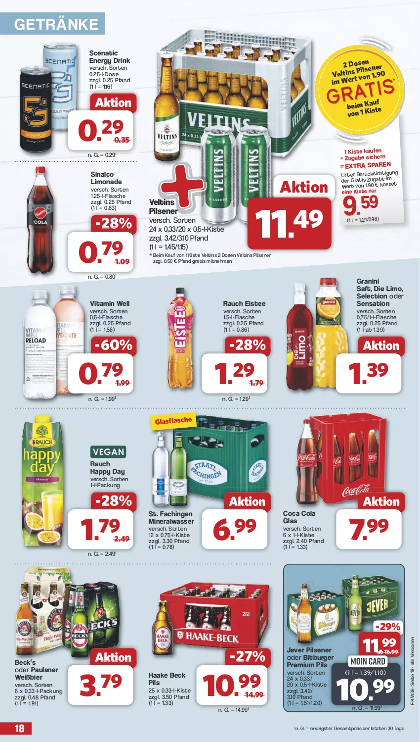 Aktueller Prospekt Famila - Prospekte - von 02.09 bis 07.09.2024 - strona 18 - produkty: Alwa, bier, bitburger, burger, cola, drink, eis, eistee, energy drink, flasche, getränk, getränke, glasflasche, granini, Happy Day, jever, jever pilsener, limo, limonade, mineralwasser, Paula, paulaner, pils, pilsener, premium pils, Rauch, reis, saft, sinalco, tee, Ti, veltins, veltins pilsener, vita, wasser, ZTE