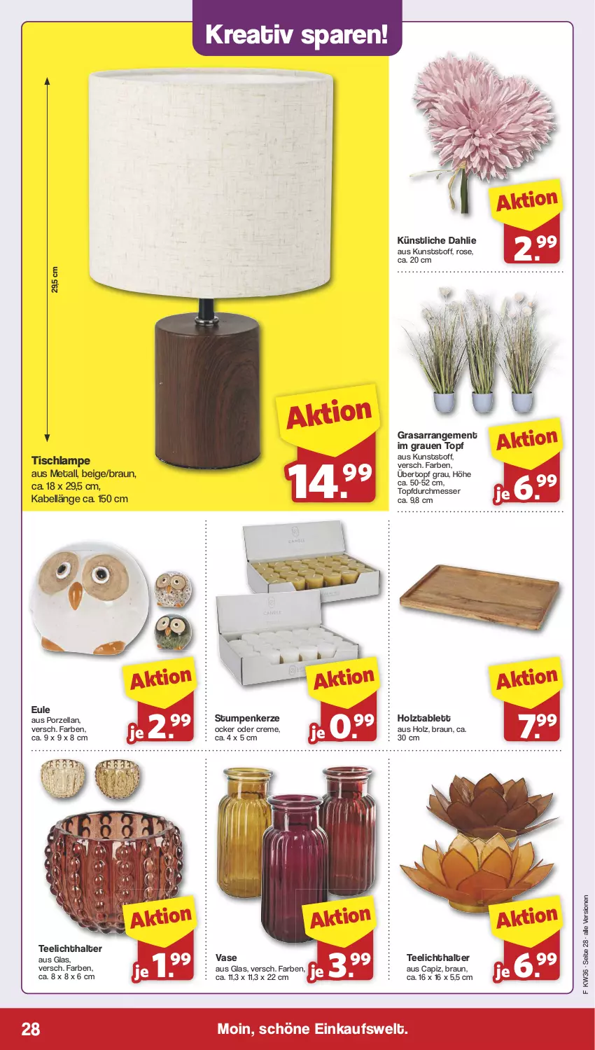 Aktueller Prospekt Famila - Prospekte - von 02.09 bis 07.09.2024 - strona 28 - produkty: braun, Cap, creme, dahlie, Holz, kerze, Lampe, messer, tablet, tablett, tee, Teelicht, teelichthalter, Ti, tisch, Tischlampe, topf, übertopf, Vase