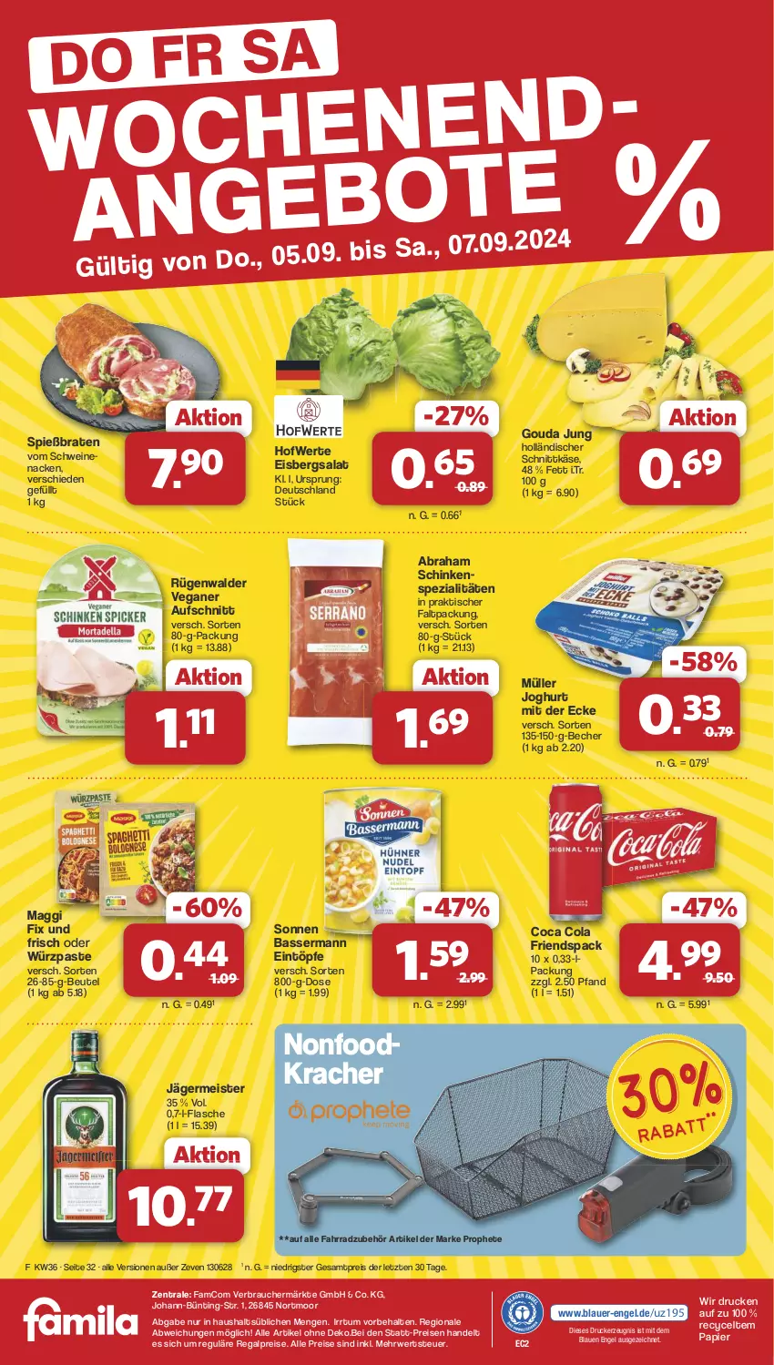 Aktueller Prospekt Famila - Prospekte - von 02.09 bis 07.09.2024 - strona 32 - produkty: auer, aufschnitt, Becher, beutel, braten, cola, drucker, eintöpfe, eis, eisbergsalat, Engel, Fahrrad, flasche, Germ, gouda, gouda jung, holländischer schnittkäse, jägermeister, joghur, joghurt, joghurt mit der ecke, Käse, kerze, kracher, maggi, maggi fix, Meister, Müller, papier, prophete, Rauch, regal, reis, rügenwalder, rwe, salat, schinken, schnittkäse, schwein, schweine, schweinenacken, Spezi, Ti, tisch, vom schweinenacken, wein, weine, ZTE